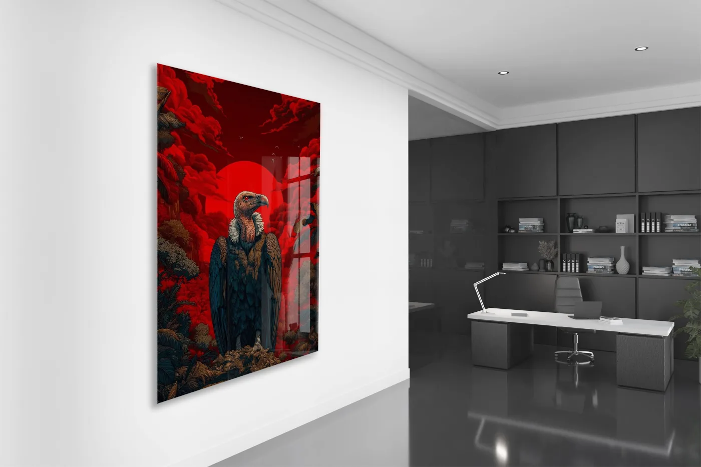 Kızıl Güneş Fonlu Akbaba Cam Tablo – Güç ve Hakimiyet Temalı Modern Duvar Dekoru - Peony079 — görsel 5