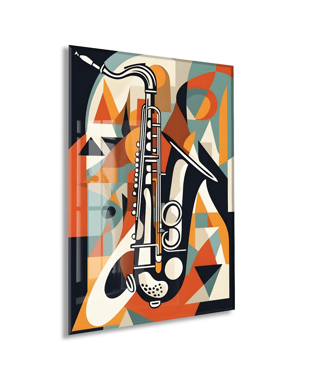 Soyut Saksafon Cam Tablo – Modern Jazz Temalı, UV Baskılı Temperli Cam Duvar Dekoru - Peony041 — görsel 1