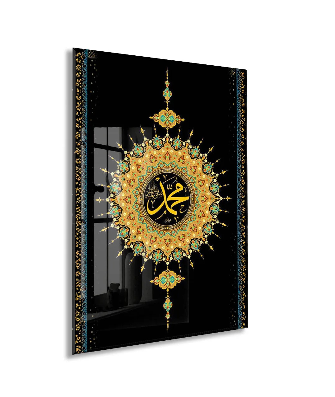 Hz. Muhammed (S.A.V) Hat Tablo – Siyah Zemin Osmanlı Motifli İslami Dekor - PeonyDini201 — görsel 1