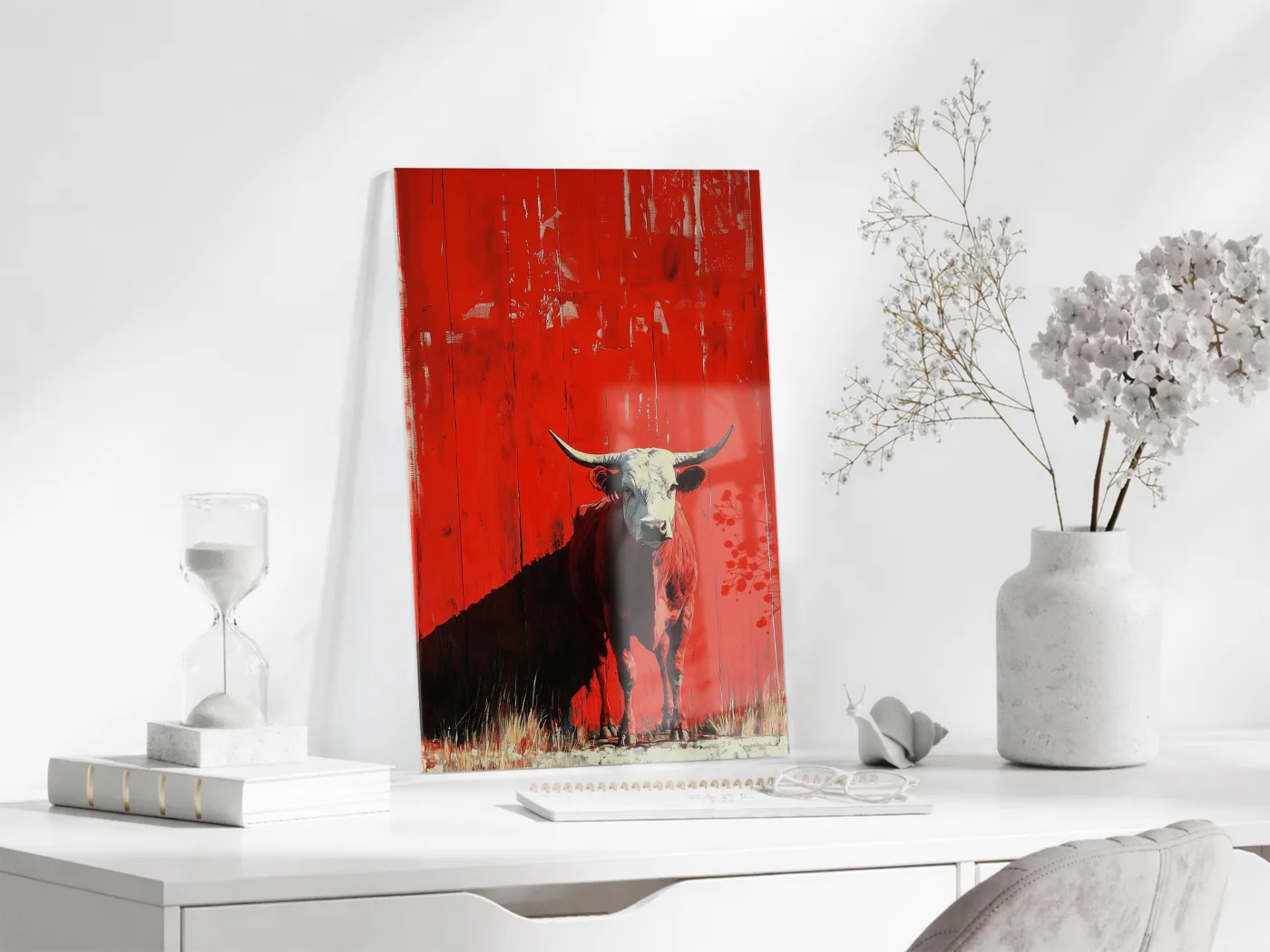 Kırmızı Zeminli Boğa Cam Tablo – Modern Güç ve Kararlılık Temalı Duvar Dekoru - Peony075 — görsel 4