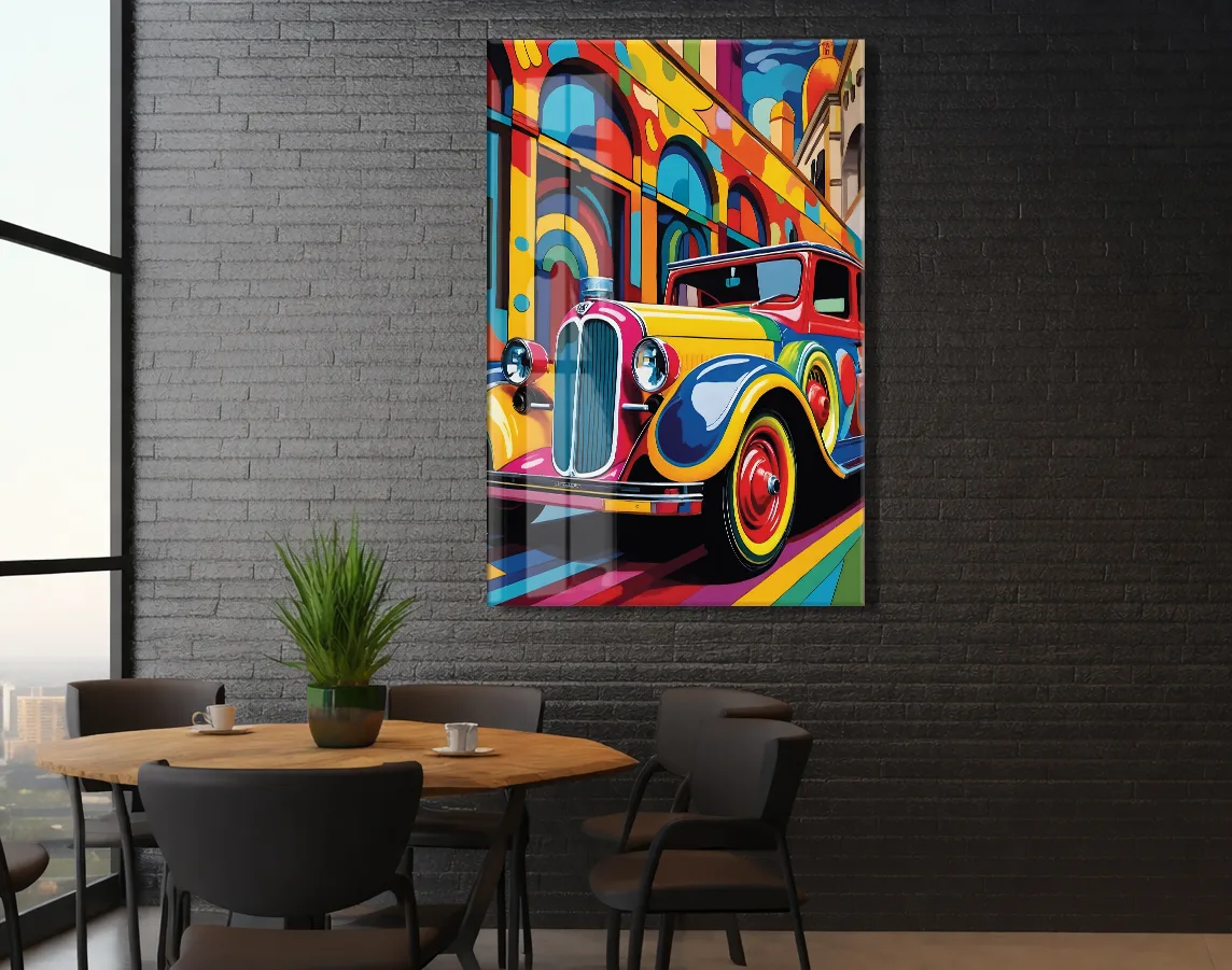 Renkli Klasik Araba Cam Tablo – Retro Otomobil Temalı Modern Pop Art, UV Baskılı Temperli Cam Duvar Tablosu - Peony036 — görsel 5