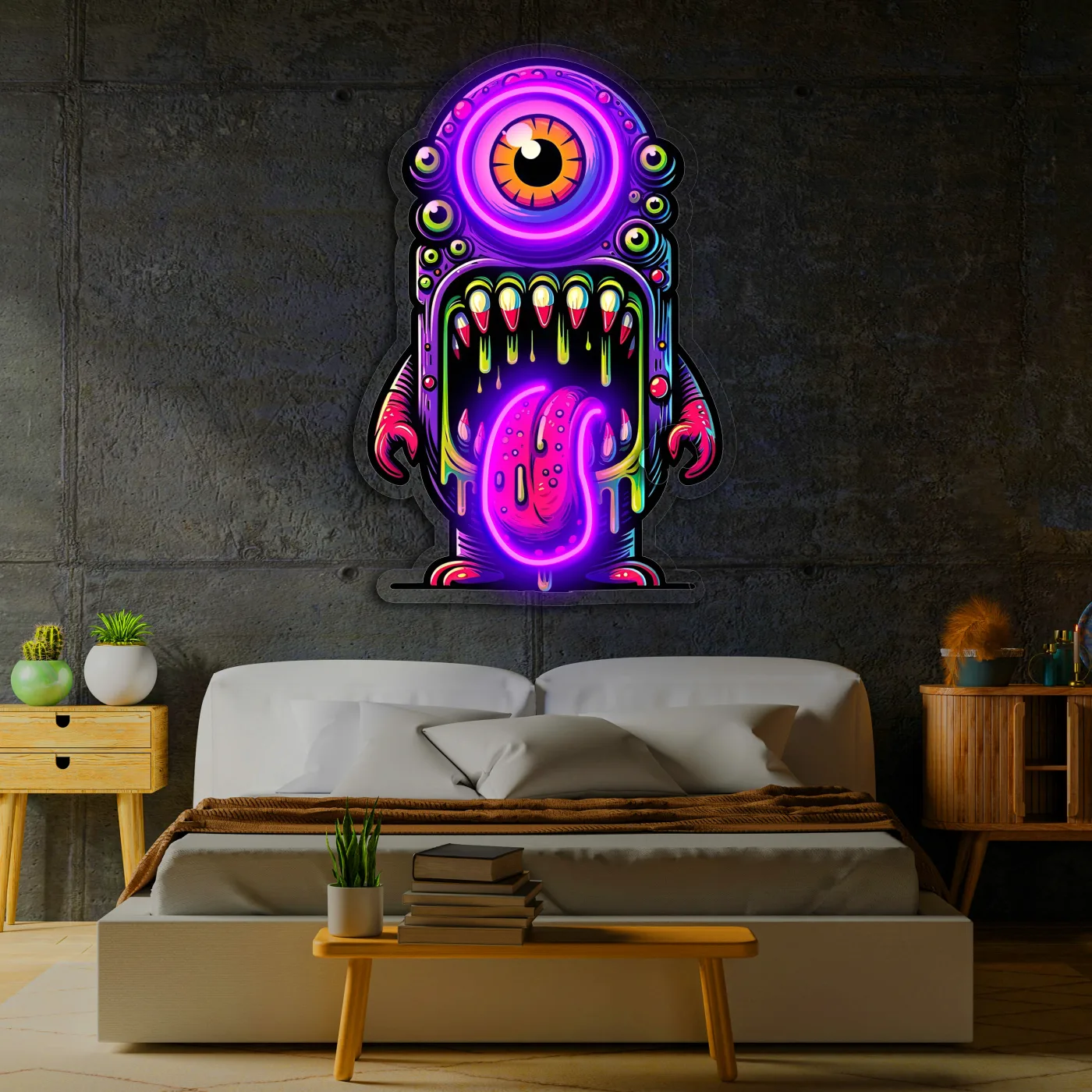 Renkli Canavar Neon Duvar Dekoru | Tek Gözlü Sanatsal LED Tablo | Pleksi UV Baskı Işıklı Pop Art Duvar Sanatı — görsel 4