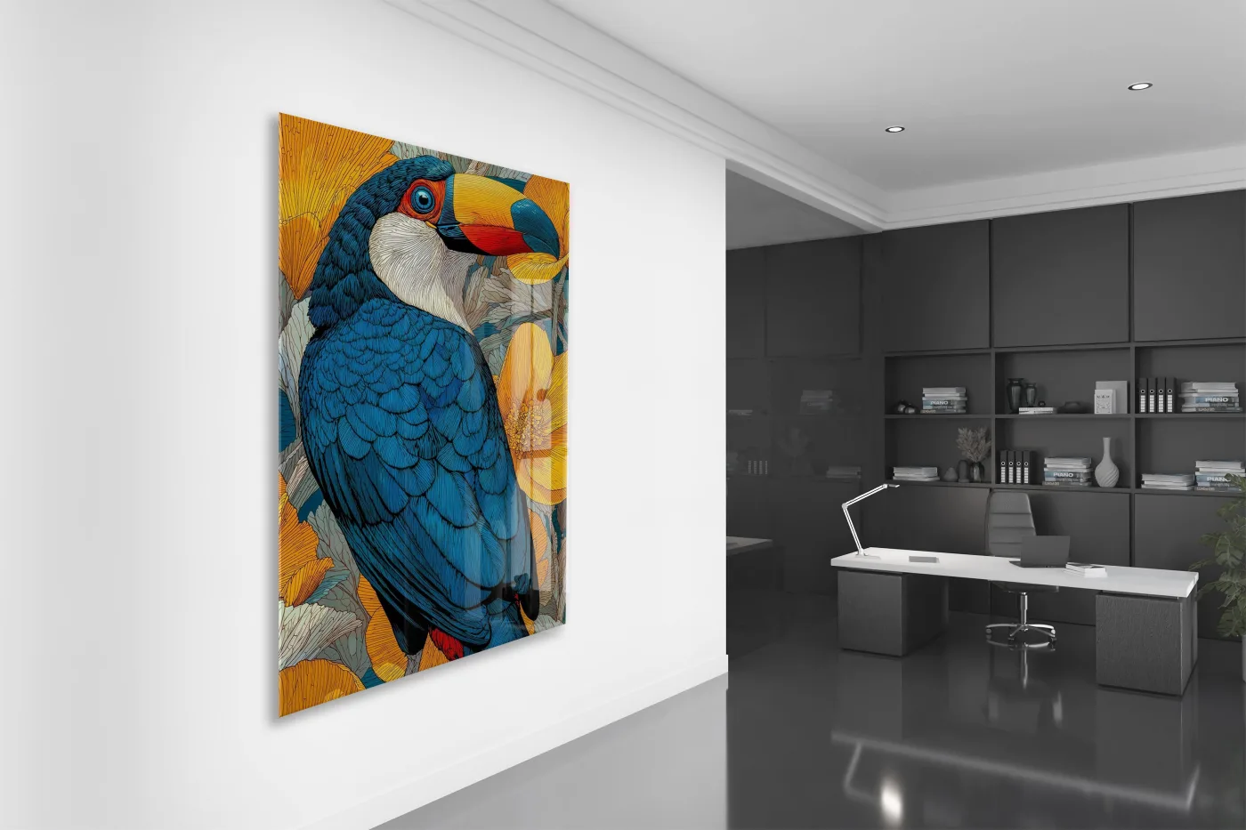 Renkli Tukan Kuşu Cam Duvar Tablosu – Tropikal Çiçekli Modern Tasarım- Peony117 — görsel 5