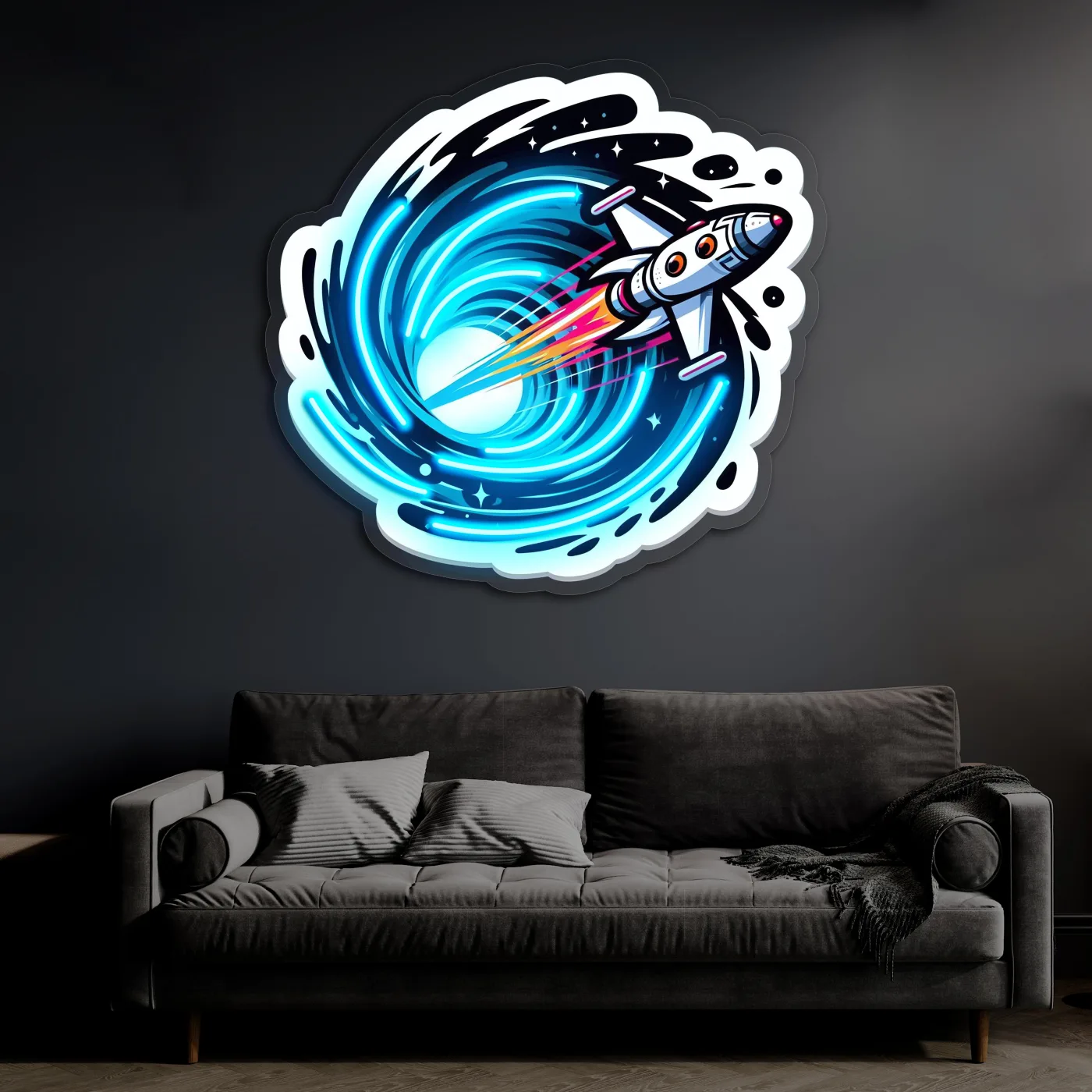 Roket Temalı Neon Duvar Dekoru | Uzay ve Astronot Konseptli LED Tablo | Pleksi UV Baskı Işıklı Duvar Sanatı — görsel 2
