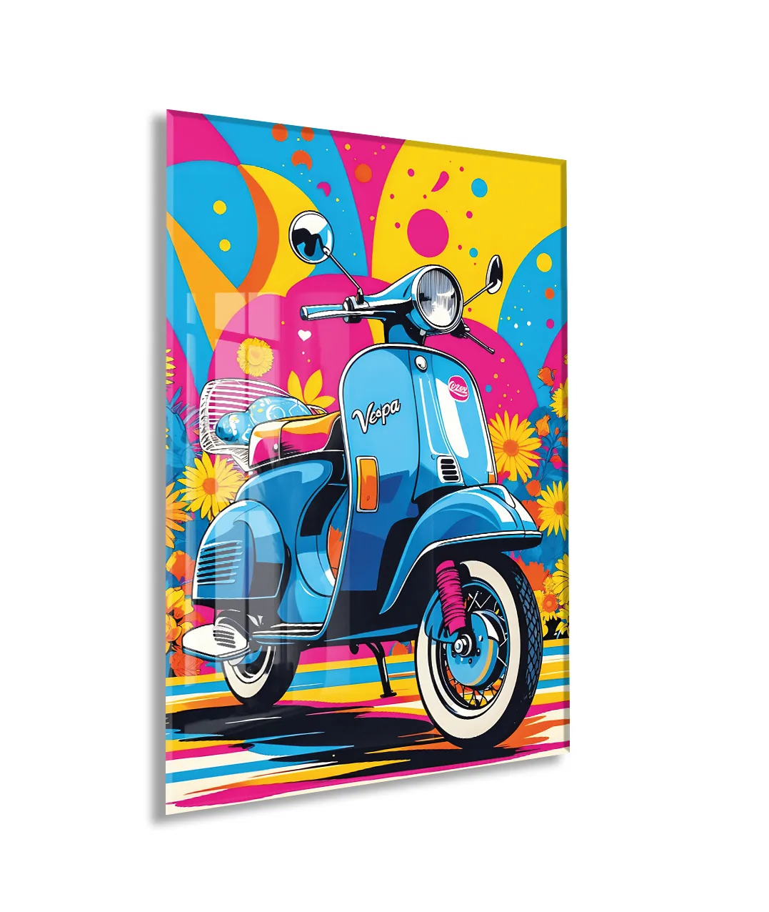 Renkli Vespa Scooter Cam Tablo – Pop Art Stil, UV Baskılı Temperli Cam Duvar Dekoru - Peony040 — görsel 1