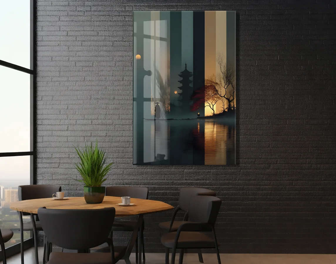 Modern Asya Tapınak Silüeti Cam Tablo – Gece ve Gün Batımı Temalı Sanatsal UV Baskılı Temperli Cam Duvar Tablosu - Peony016 — görsel 5
