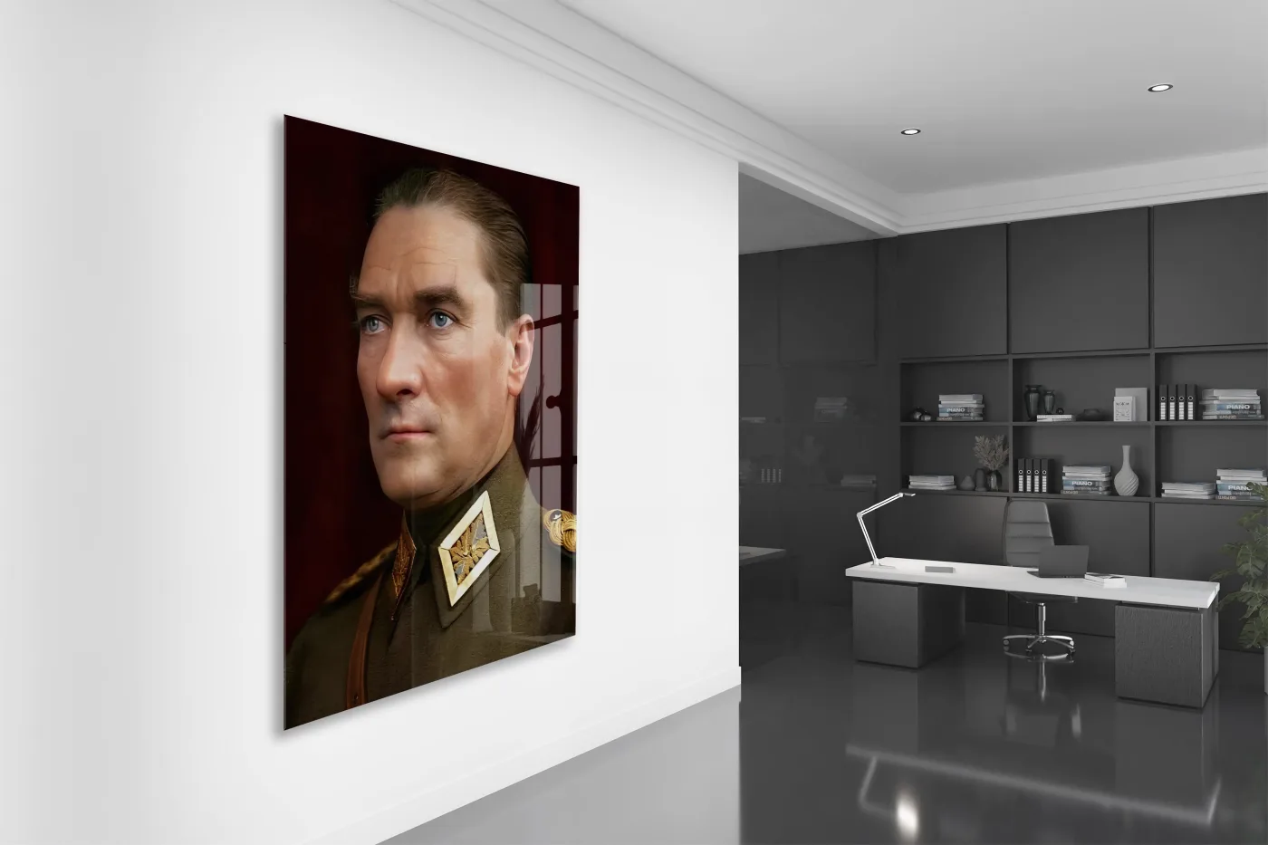 Askerî Üniformalı Atatürk Portre Cam Tablo – Güç ve Liderliği Yansıtan 4 mm Temperli Cam Duvar Dekoru -PeonyAta1005 — görsel 5