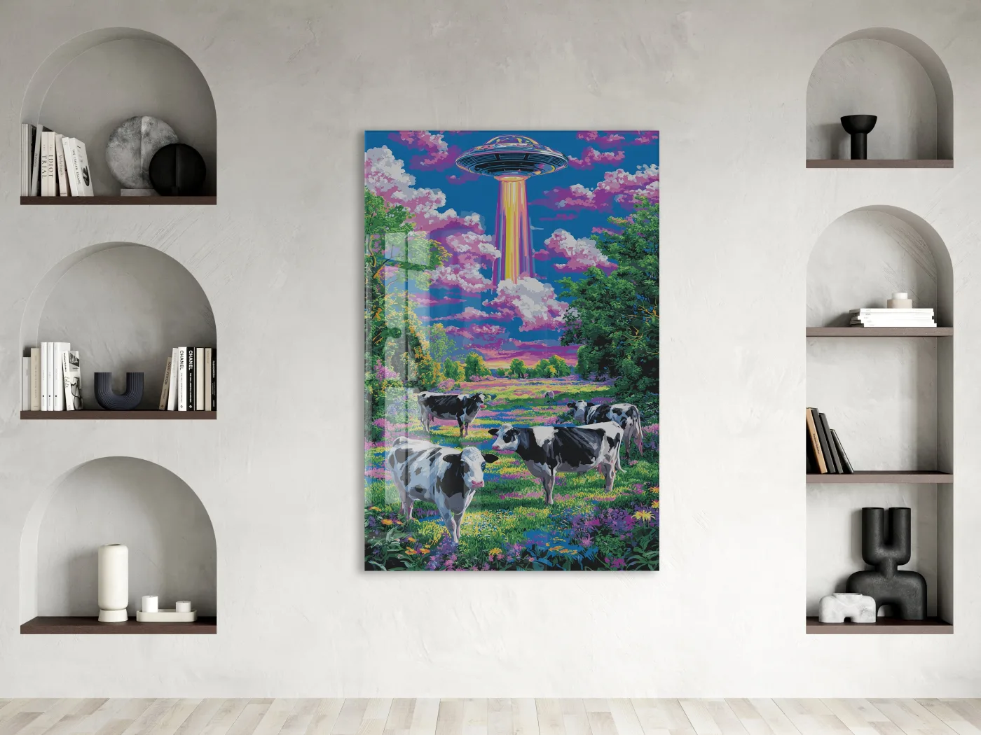 UFO ve Renkli Tarlada İnekler – Fantastik Manzara Duvar Tablosu - Peony128 — görsel 3