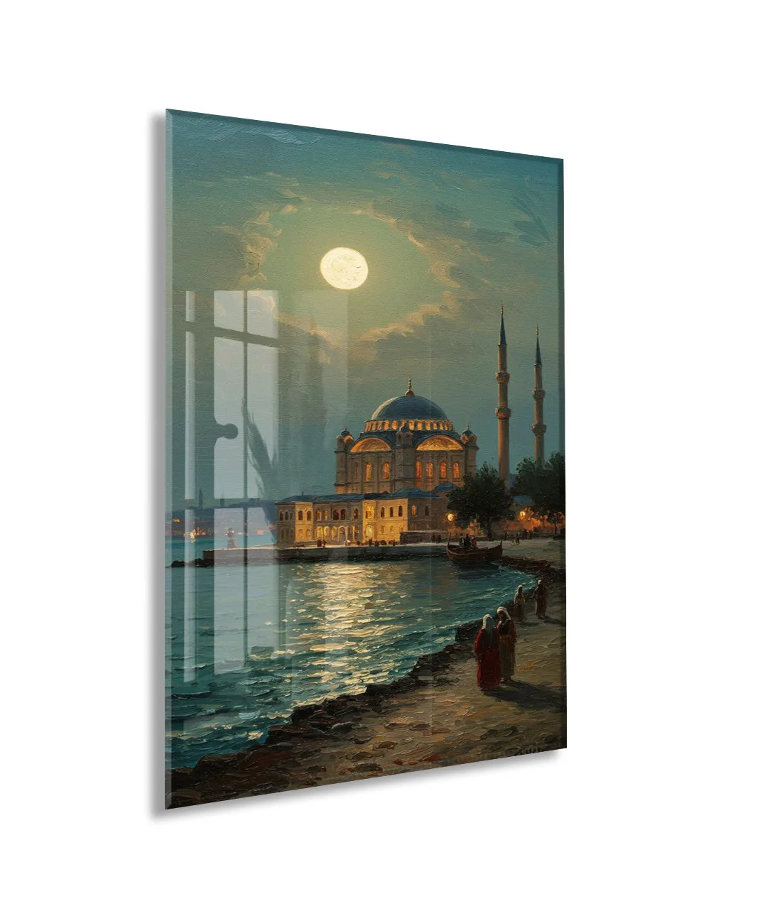 Dolunay Altında İstanbul Camii – Ay Işığında Osmanlı Mimarisi Cam Tablo - PeonyOsm007 — görsel 1