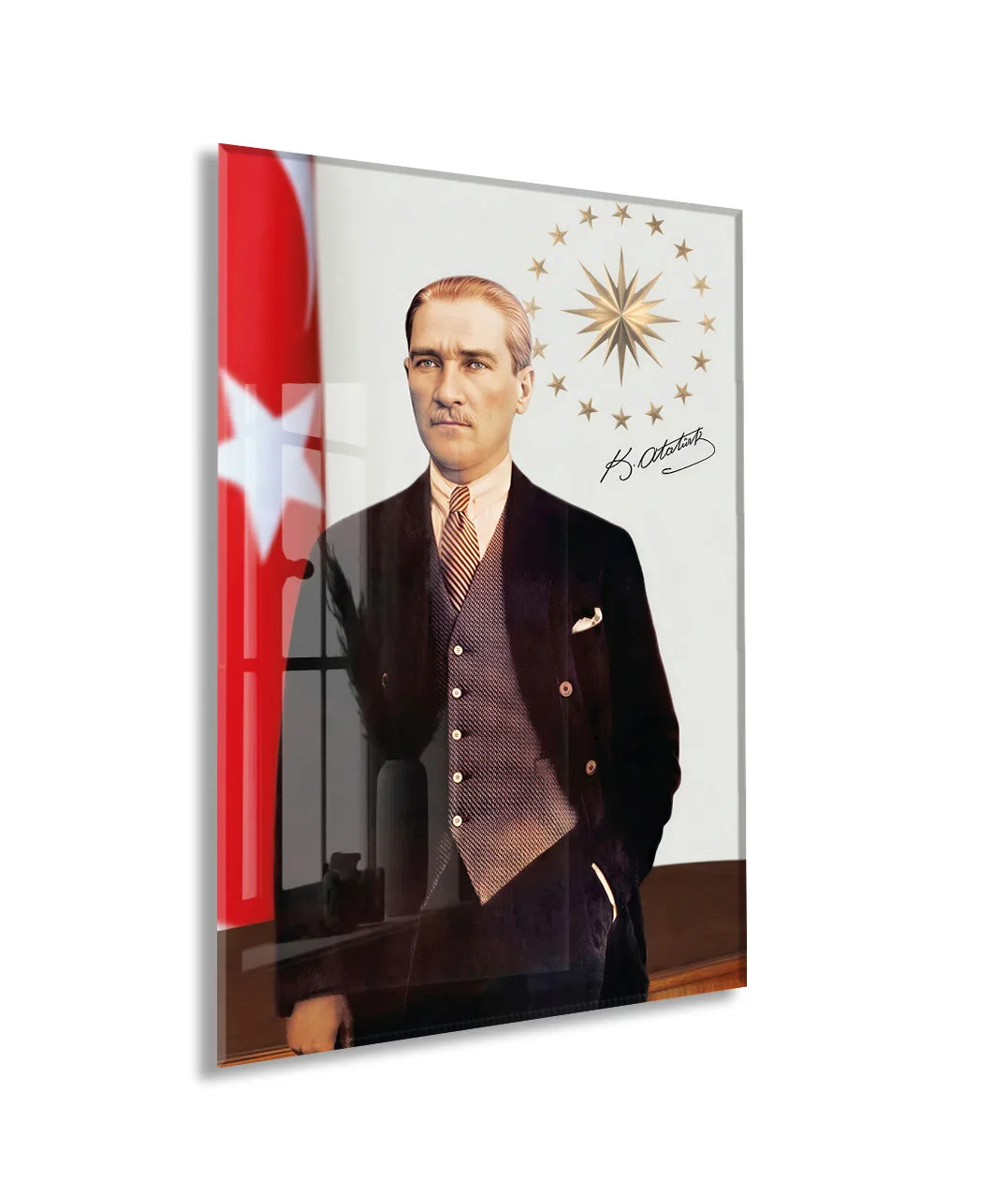 Mustafa Kemal Atatürk Türk Bayraklı Cam Tablo | 4 mm Temperli UV Baskılı Premium Duvar Dekoru -PeonyAta1303 — görsel 1