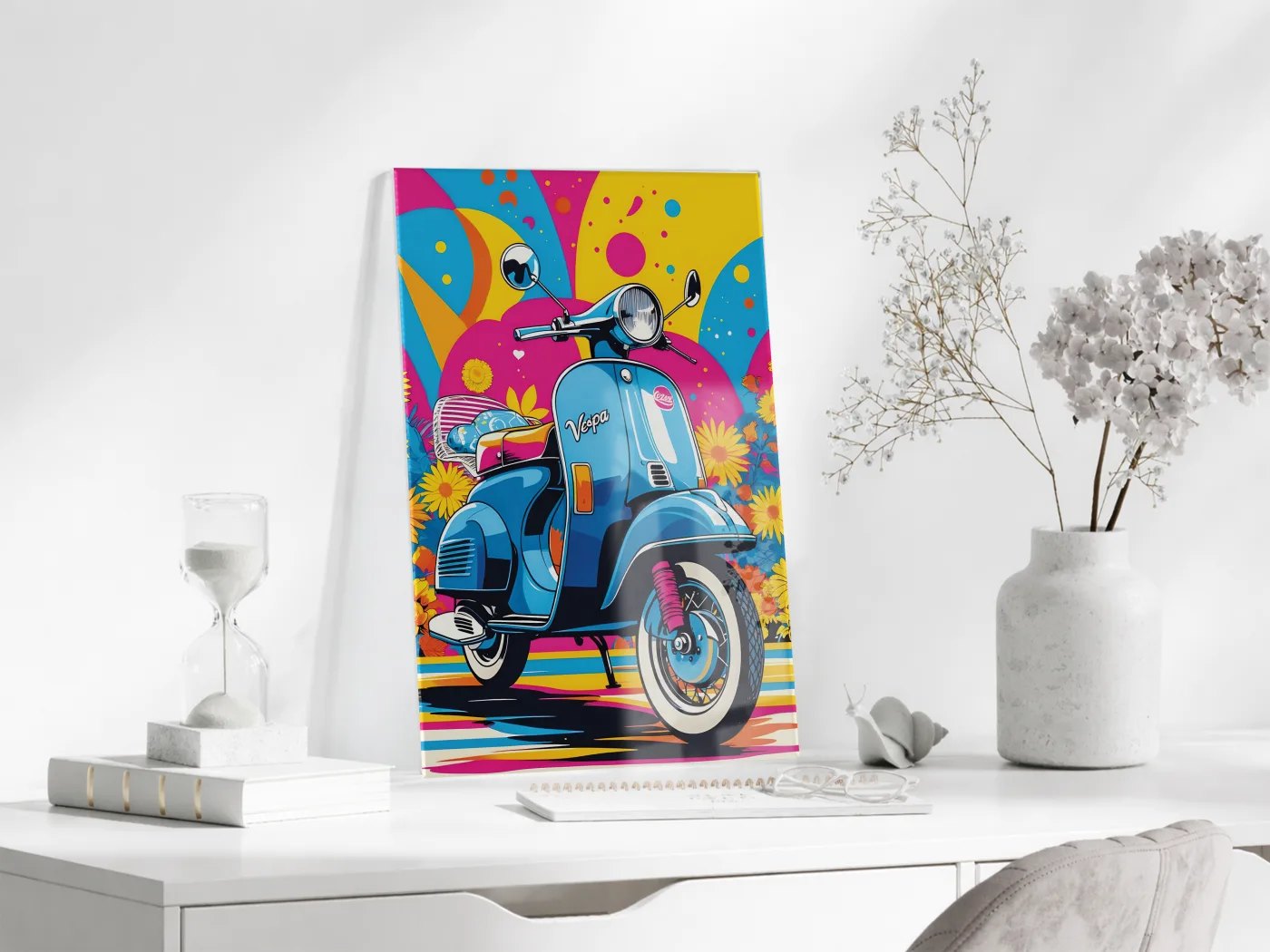 Renkli Vespa Scooter Cam Tablo – Pop Art Stil, UV Baskılı Temperli Cam Duvar Dekoru - Peony040 — görsel 3
