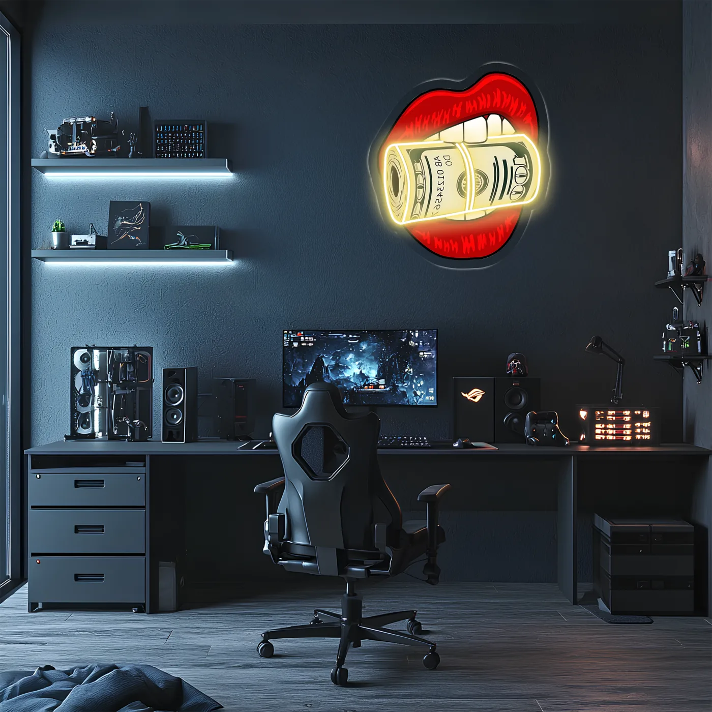 Pop Art Dudak Neon Duvar Dekoru | Para Rulosu Isıran Dudak Tasarımı | Işıklı LED Pleksi Duvar Sanatı — görsel 2