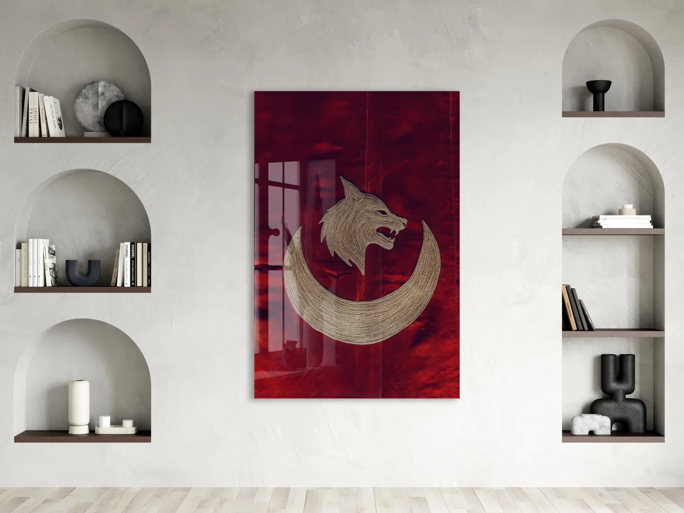Bozkurt ve Hilal Cam Tablo – Türk Mitolojisi Temalı Güçlü Duvar Dekoru - PeonyTrk020 — görsel 2