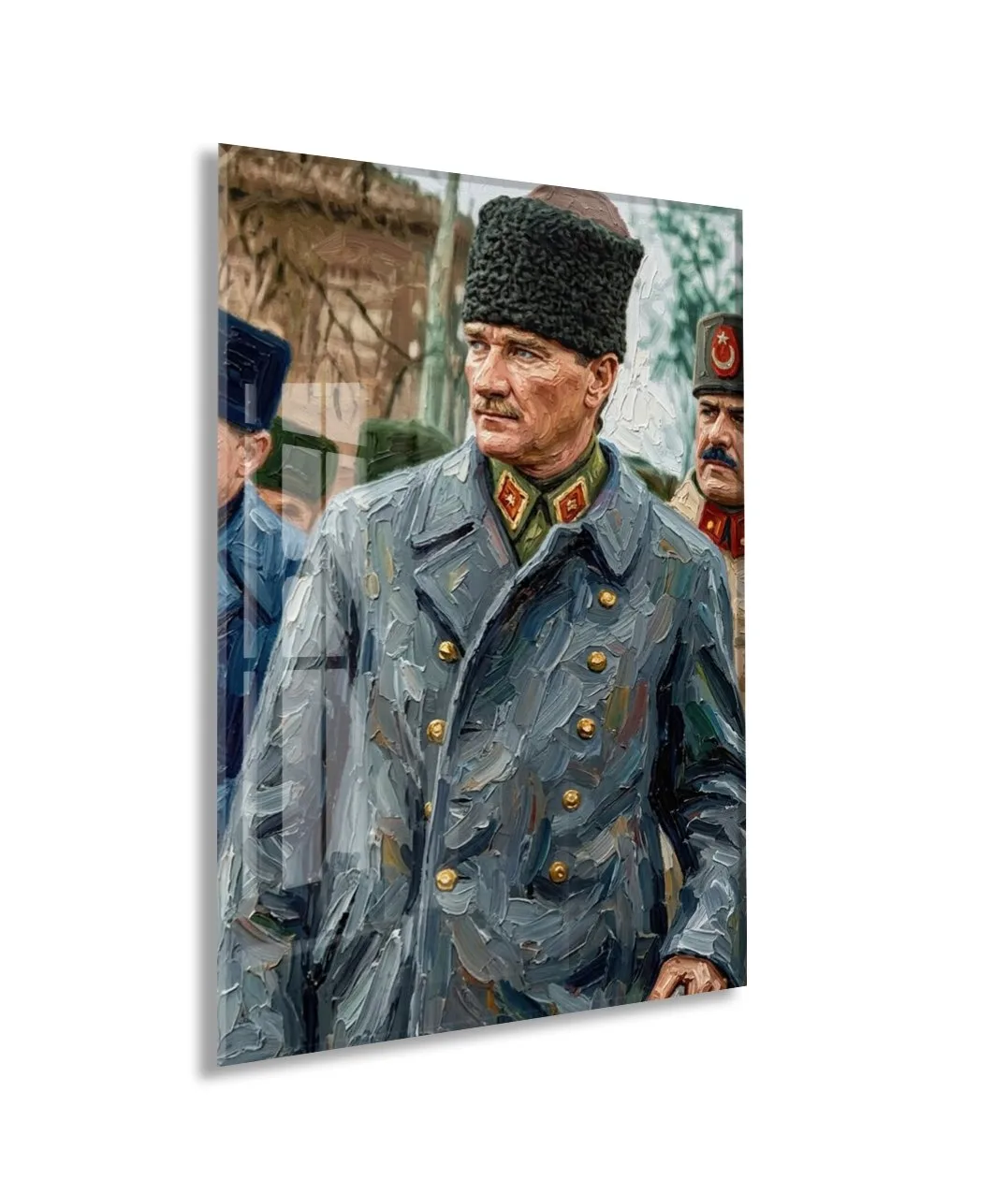 Kalpaklı Atatürk Cam Tablo – Asker Üniformalı Yağlı Boya Görünümlü Atatürk Tablosu-PeonyAta1347 — görsel 1