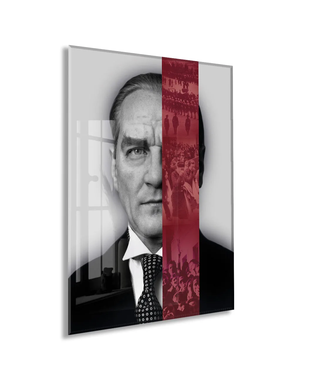 Atatürk Cam Tablo – Lider ve Millet Temalı, Kırmızı Şerit Detaylı 4 mm Temperli Cam Duvar Dekoru -PeonyAta1019 — görsel 1