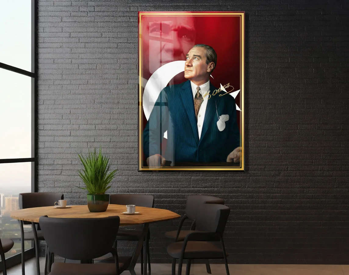 Mustafa Kemal Atatürk Türk Bayraklı Cam Tablo | İmzalı 4 mm Temperli UV Baskılı Premium Duvar Tablosu -PeonyAta1304 — görsel 5