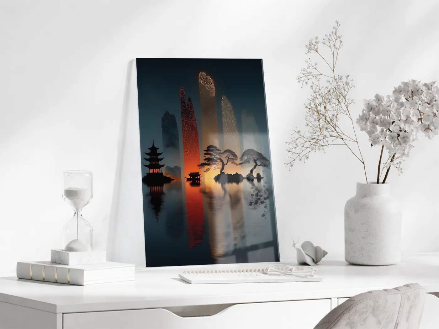 Doğu Esintili Gün Batımı Cam Tablo – Minimalist Japon Manzarası UV Baskılı Temperli Cam Duvar Tablosu - Peony026 — görsel 3