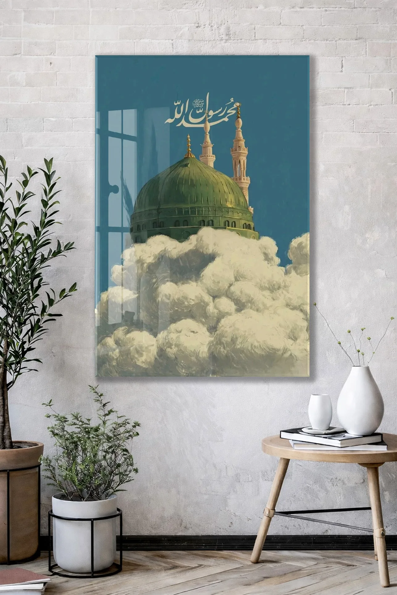 Mescid-i Nebevî Yeşil Kubbe Cam Tablo – Muhammed Resûlullah Yazılı İslami Duvar Dekoru - PeonyDini140 — görsel 2
