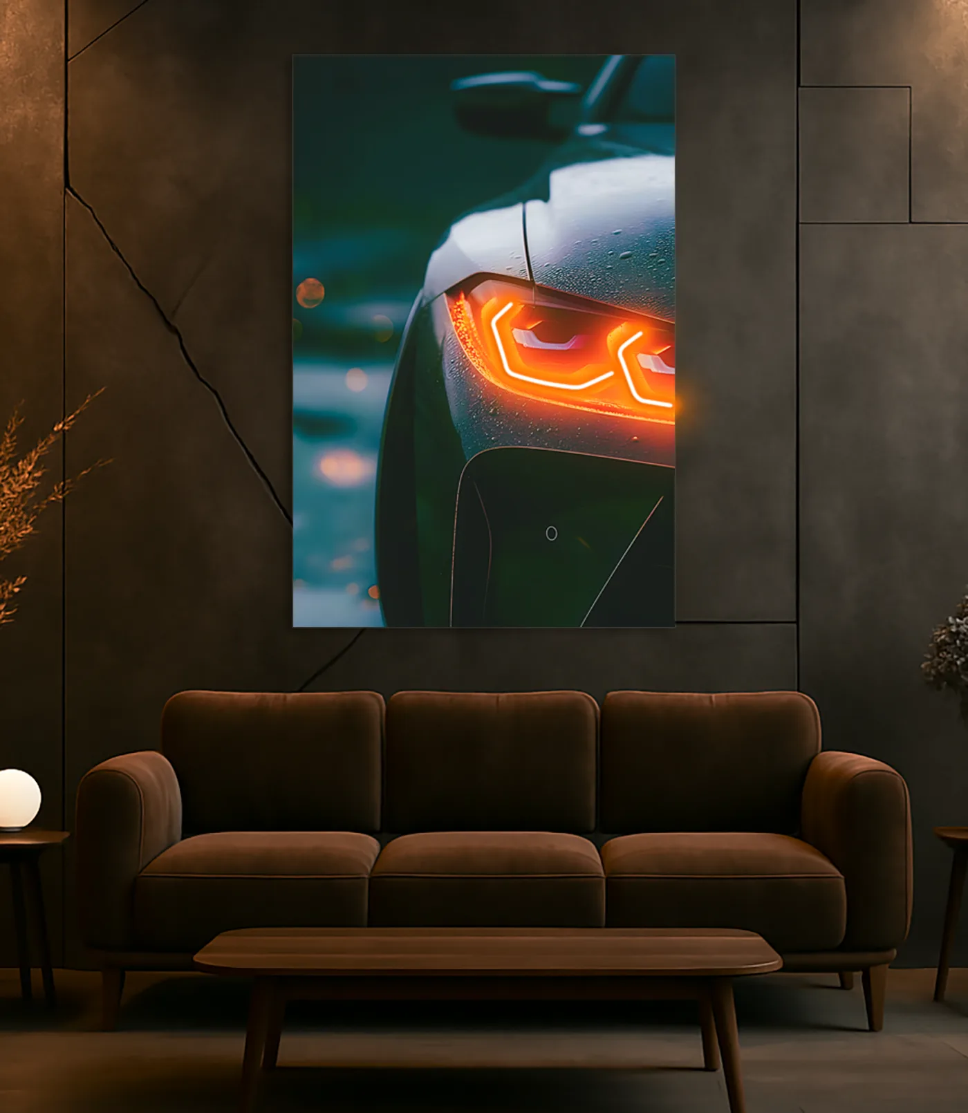Turuncu Far Detaylı Spor Otomobil UV Baskı Neon Tablo | Pleksi LED Duvar Dekoru | Modern Otomobil Sanatı — görsel 1