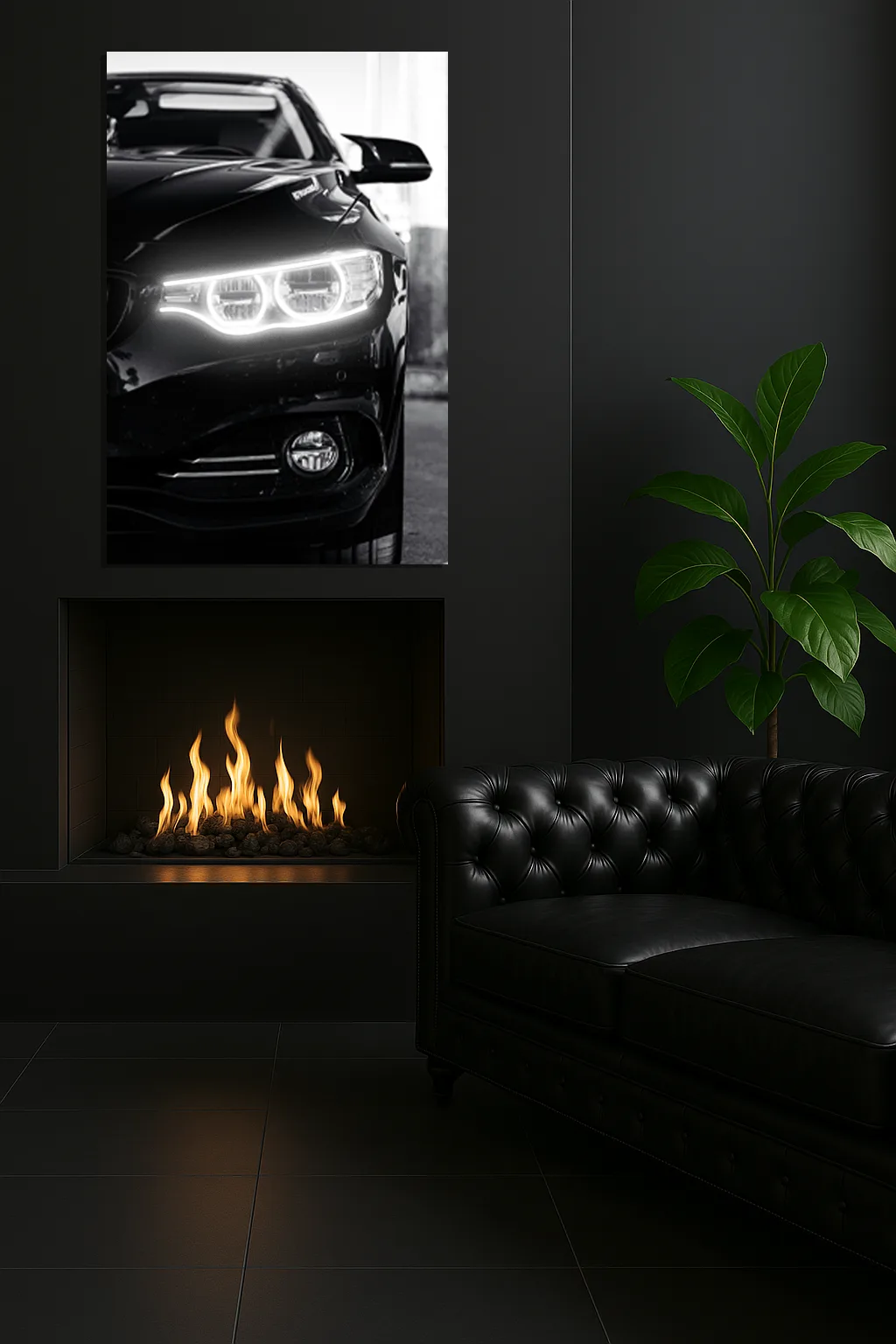 Siyah Otomobil UV Baskı Neon Duvar Tablosu | Beyaz LED Far Detaylı Pleksi Dekor | Modern Otomobil Duvar Sanatı — görsel 3