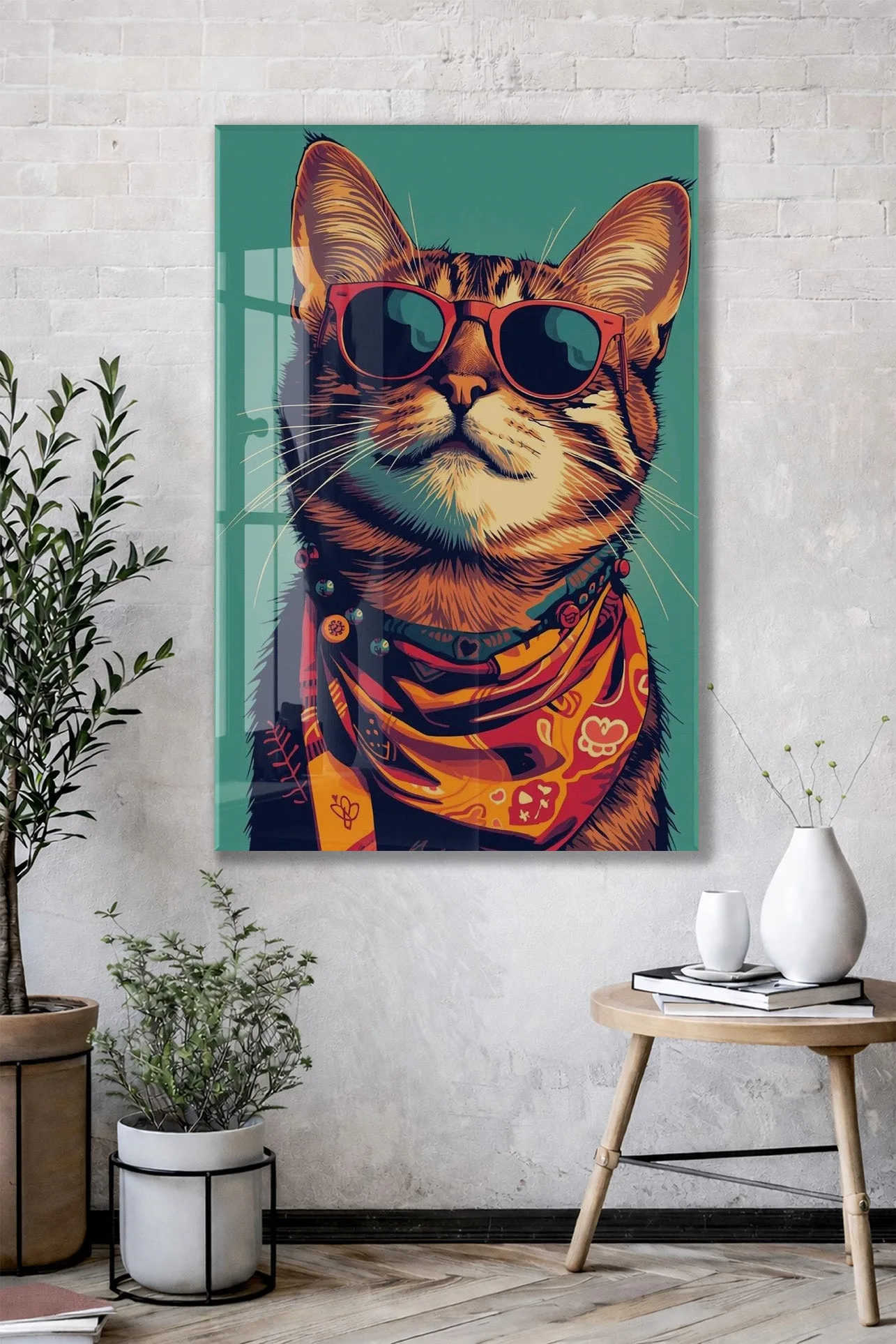 Gözlüklü Hipster Kedi Cam Duvar Tablosu – Modern ve Cool Tasarım - Peony129 — görsel 2