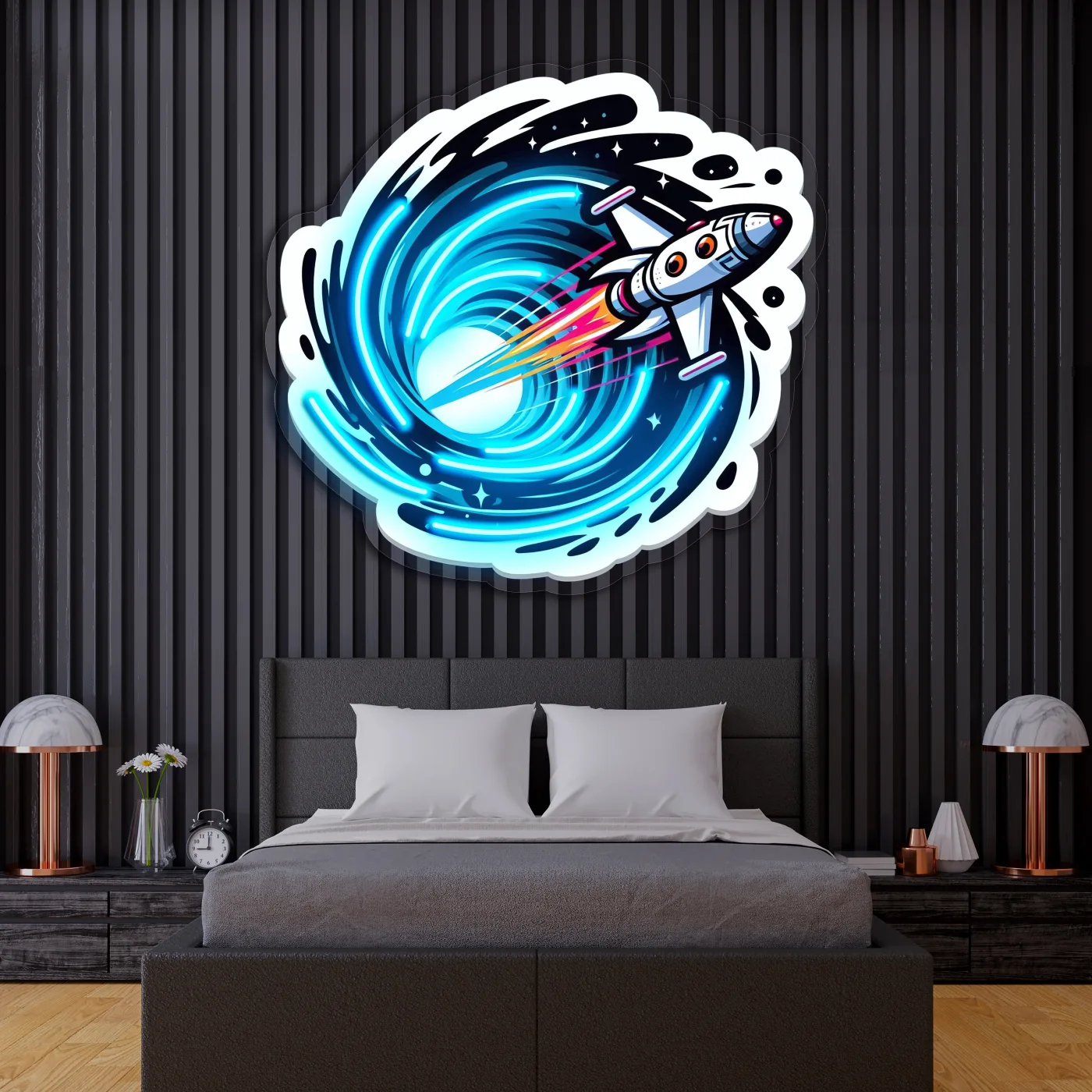Roket Temalı Neon Duvar Dekoru | Uzay ve Astronot Konseptli LED Tablo | Pleksi UV Baskı Işıklı Duvar Sanatı — görsel 4