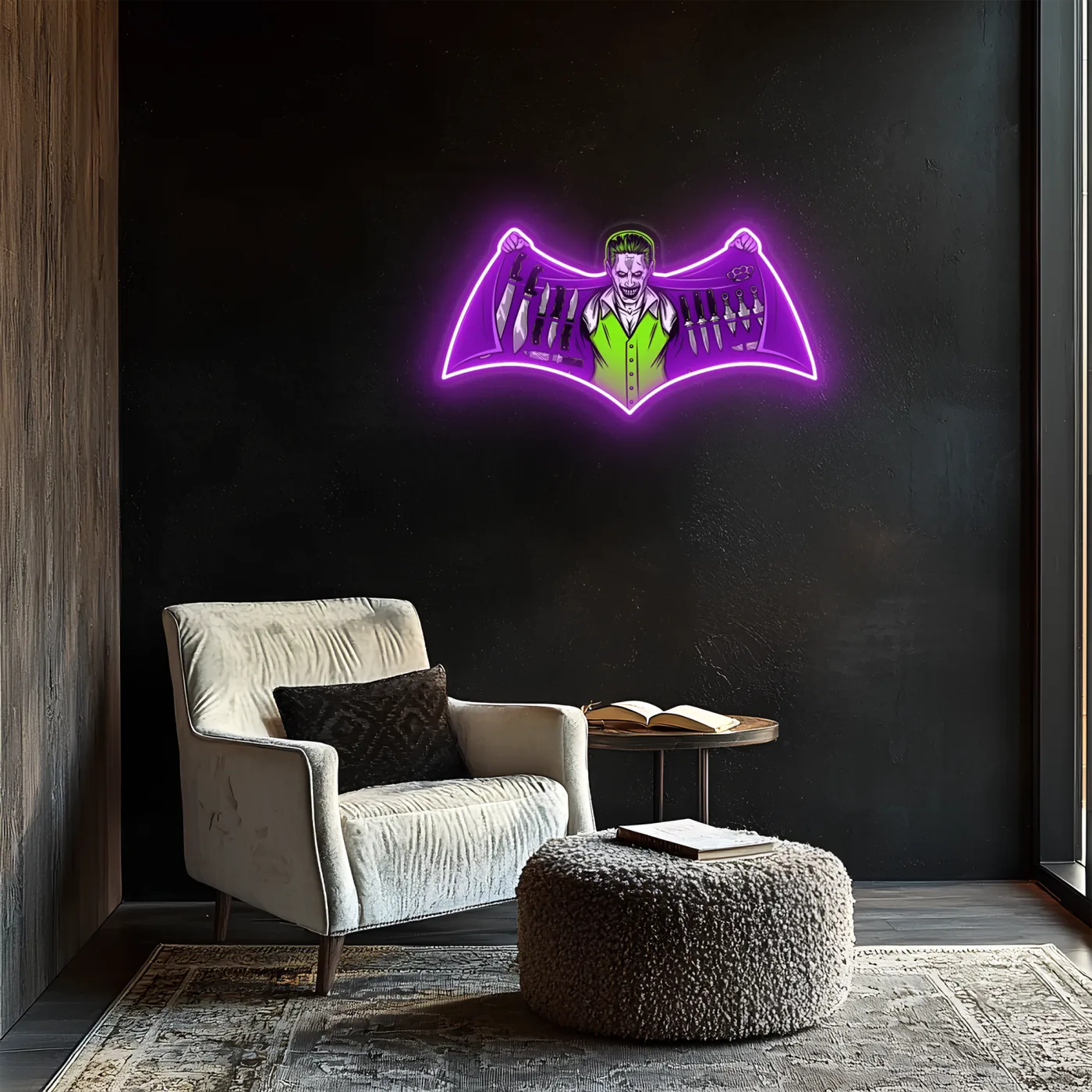 Joker Temalı Neon Duvar Dekoru | Mor Yeşil Pleksi UV Baskı LED Tablo | Oyun Odası ve Koleksiyon Alanı İçin Işıklı Duvar Sanatı — görsel 5