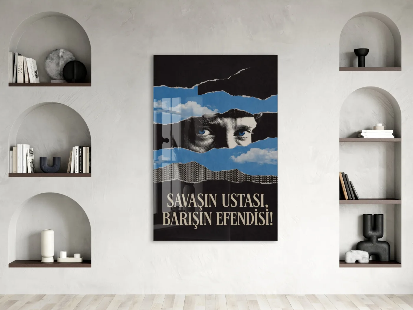 Mustafa Kemal Atatürk Savaşın Ustası Barışın Efendisi Cam Tablo – Modern Mavi Siyah Atatürk Duvar Dekoru -PeonyAta076 — görsel 3