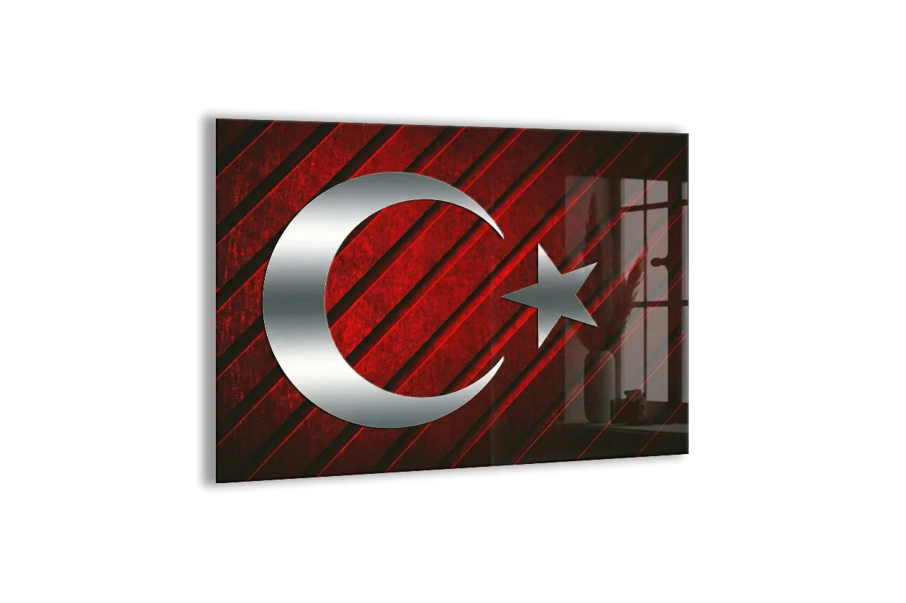 Modern Türk Bayrağı Cam Tablo | Metalik Ay Yıldız Tasarımlı 4 mm Temperli UV Baskılı Duvar Dekoru -PeonyAta1316 — görsel 1