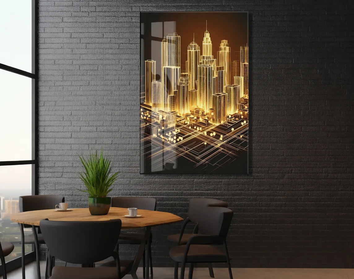 Altın Şehir – Fütüristik Metropol ve Dijital Ağ Cam Tablo - Peony046 — görsel 6