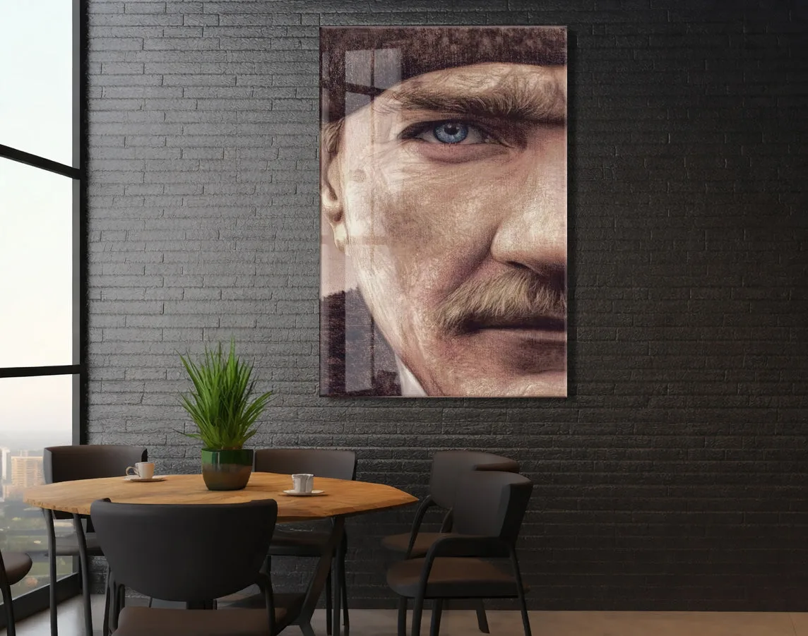 Atatürk Mavi Göz Detayı Cam Tablo – 4 mm Temperli Cam, Sanatsal Portre Duvar Dekoru -PeonyAta053 — görsel 6