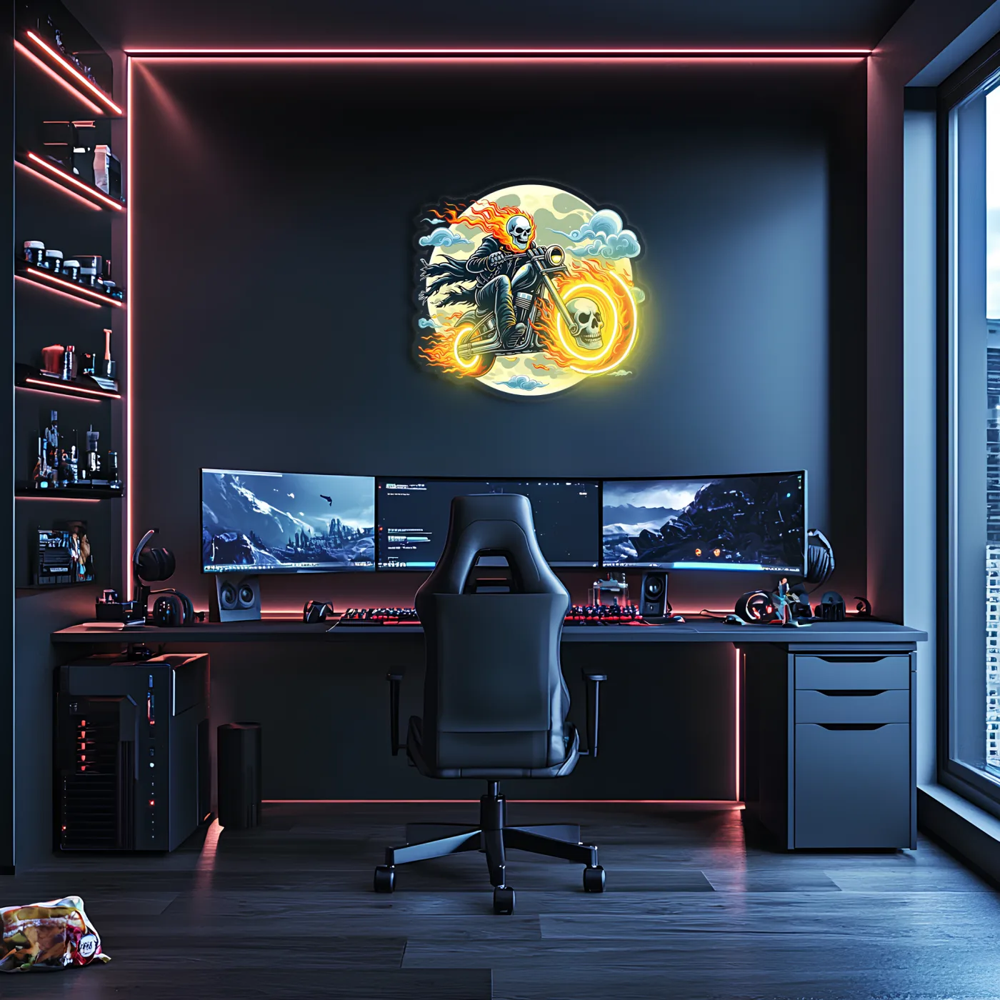 Hayalet Motorcu Neon Duvar Dekoru | İskelet Motosiklet Temalı LED Işıklı Pleksi Tablo | Gamer & Garaj Dekoru — görsel 4