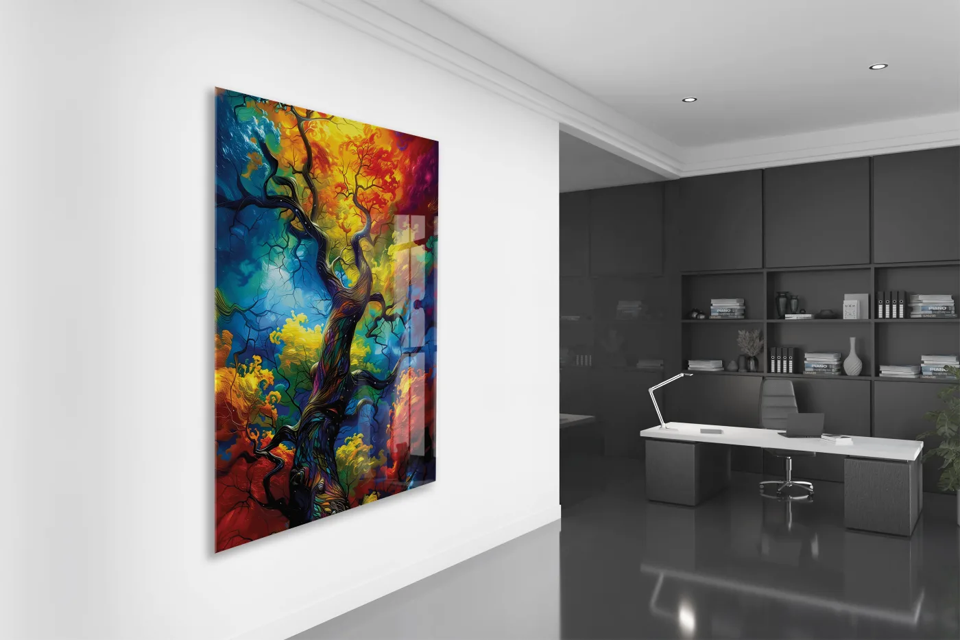 Renk Patlaması Soyut Ağaç Cam Tablo – Modern Sanat Temalı UV Baskılı Temperli Cam Duvar Tablosu - Peony027 — görsel 4