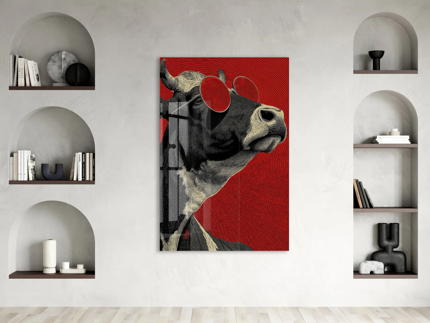 Pop Art Tarzı Boğa Cam Tablo – Kırmızı Arka Planlı Karizmatik Duvar Dekoru - Peony077 — görsel 3