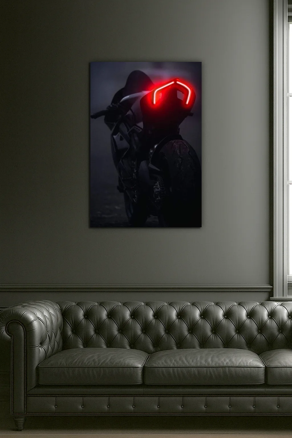 Siyah Motosiklet UV Baskı Neon Duvar Dekoru | Kırmızı Işıklı Pleksi Tablo | Modern ve Minimal Duvar Sanatı — görsel 5