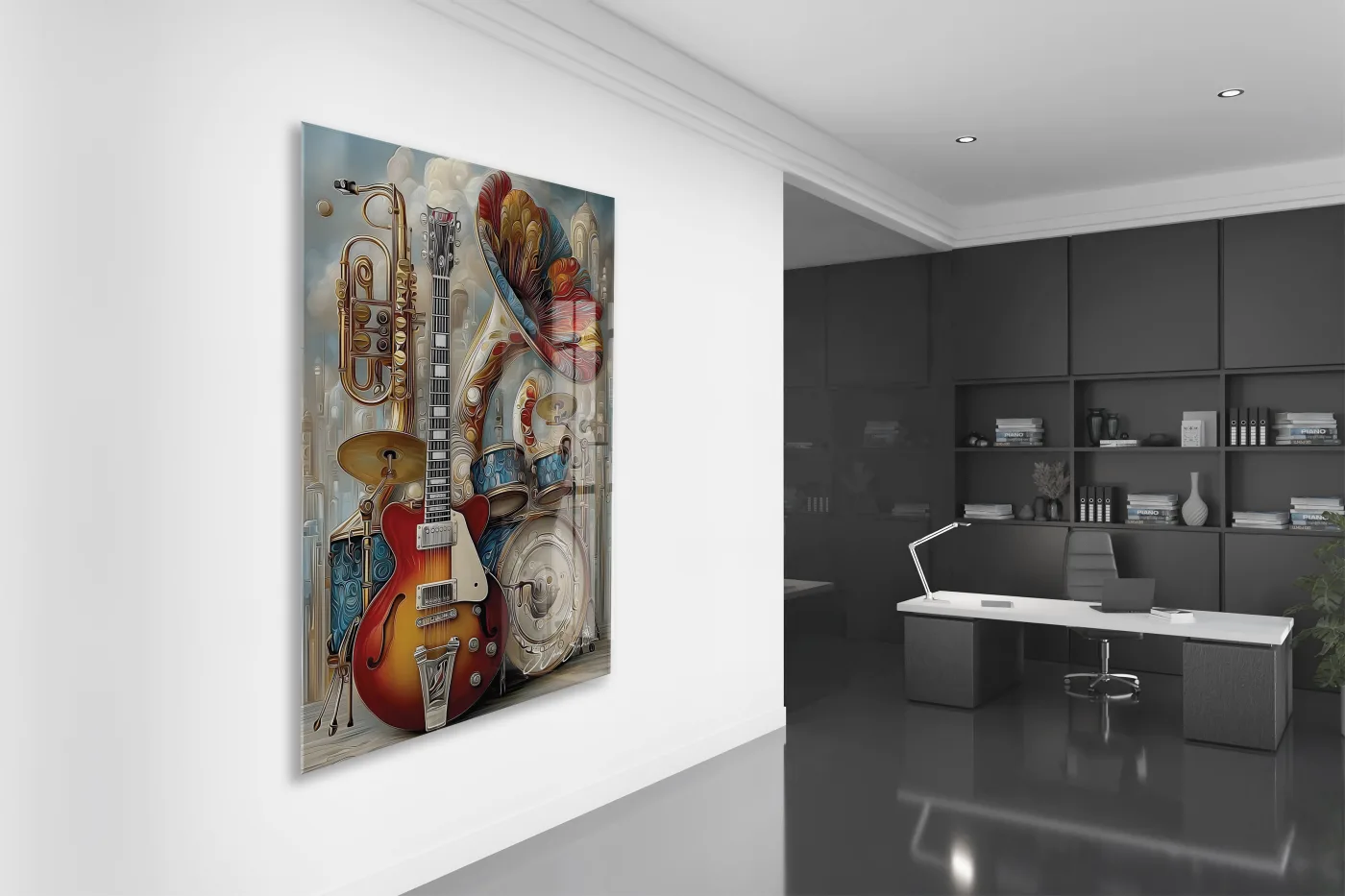 Modern Müzik Temalı Cam Tablo – Gitar, Trompet ve Davul Detaylı, Sanatsal UV Baskılı Temperli Cam Duvar Dekoru - Peony043 — görsel 4