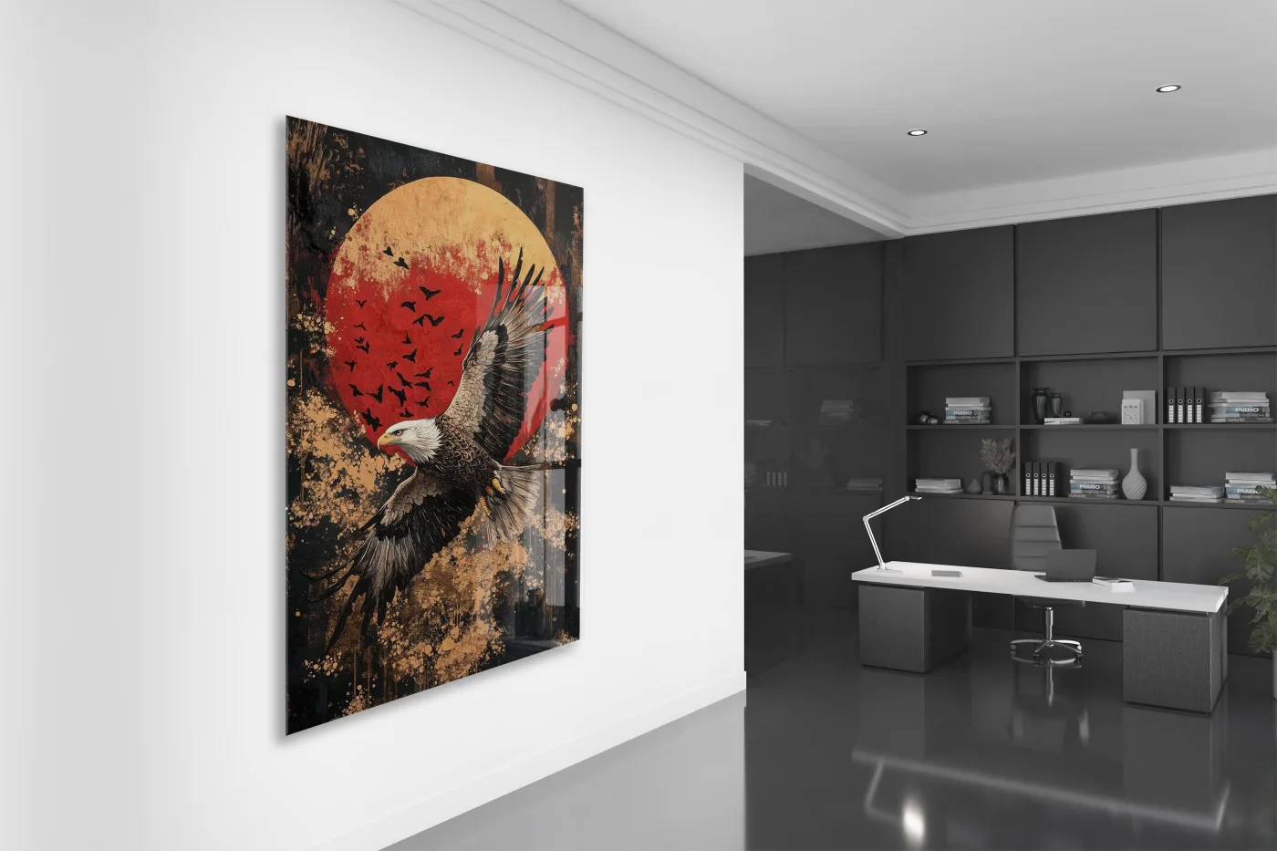 Altın Dokulu Zeminli Kartal Cam Tablo – Güçlü Liderlik ve Özgürlük Temalı Duvar Dekoru - Peony081 — görsel 5