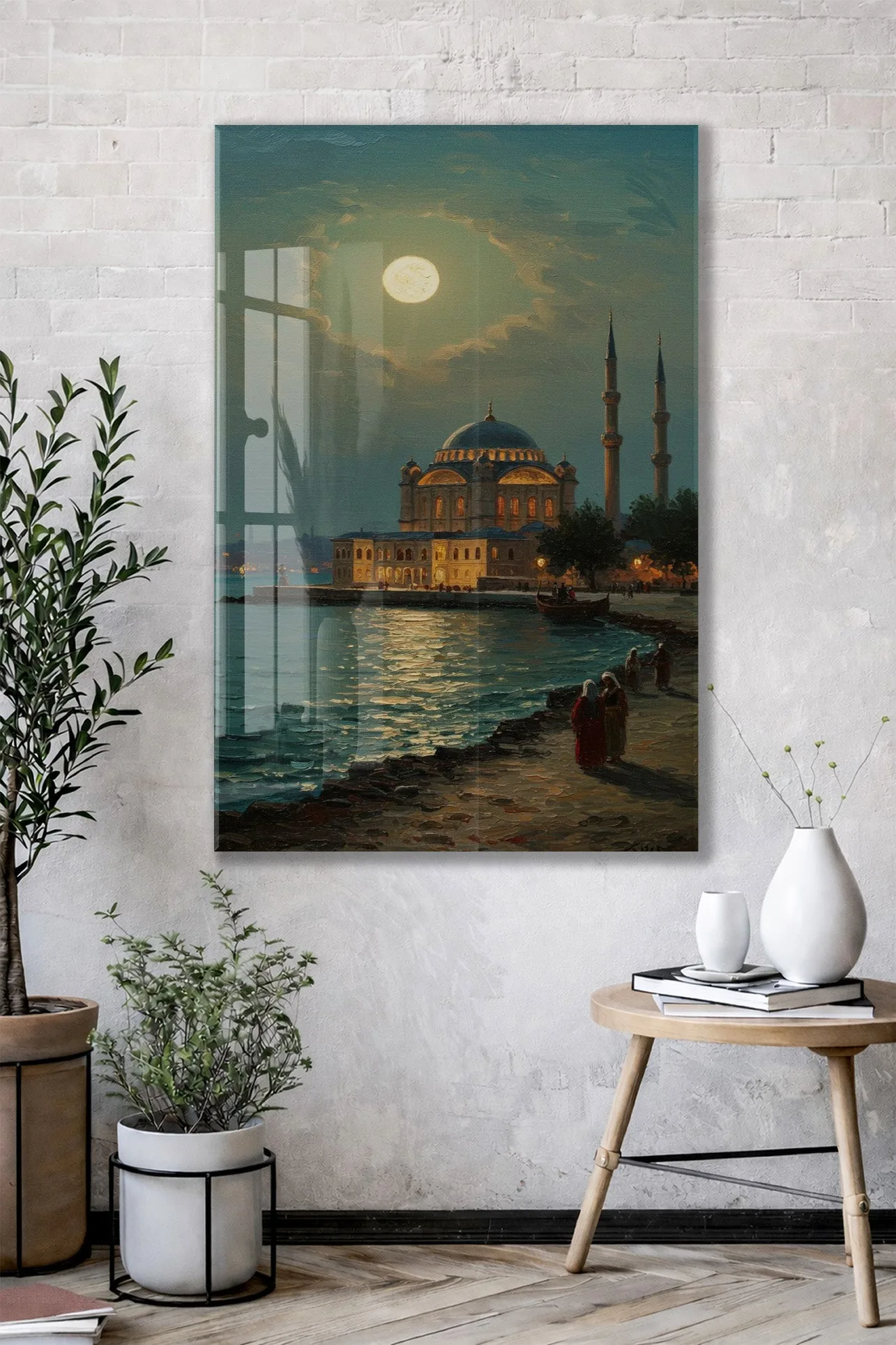 Dolunay Altında İstanbul Camii – Ay Işığında Osmanlı Mimarisi Cam Tablo - PeonyOsm007 — görsel 3
