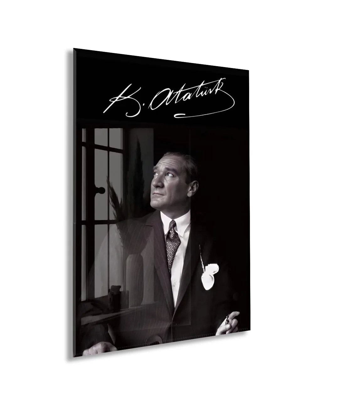 Atatürk İmzalı Cam Tablo – Siyah Beyaz Mustafa Kemal Atatürk Portresi-PeonyAta1346 — görsel 1