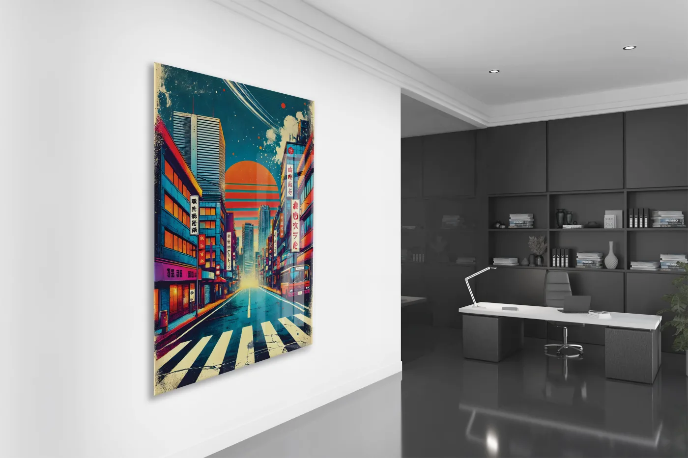 Neon Şehir Sokağı Cam Tablo – Japon Esintili Modern Kentsel Manzara, UV Baskılı Temperli Cam Duvar Tablosu - Peony038 — görsel 4
