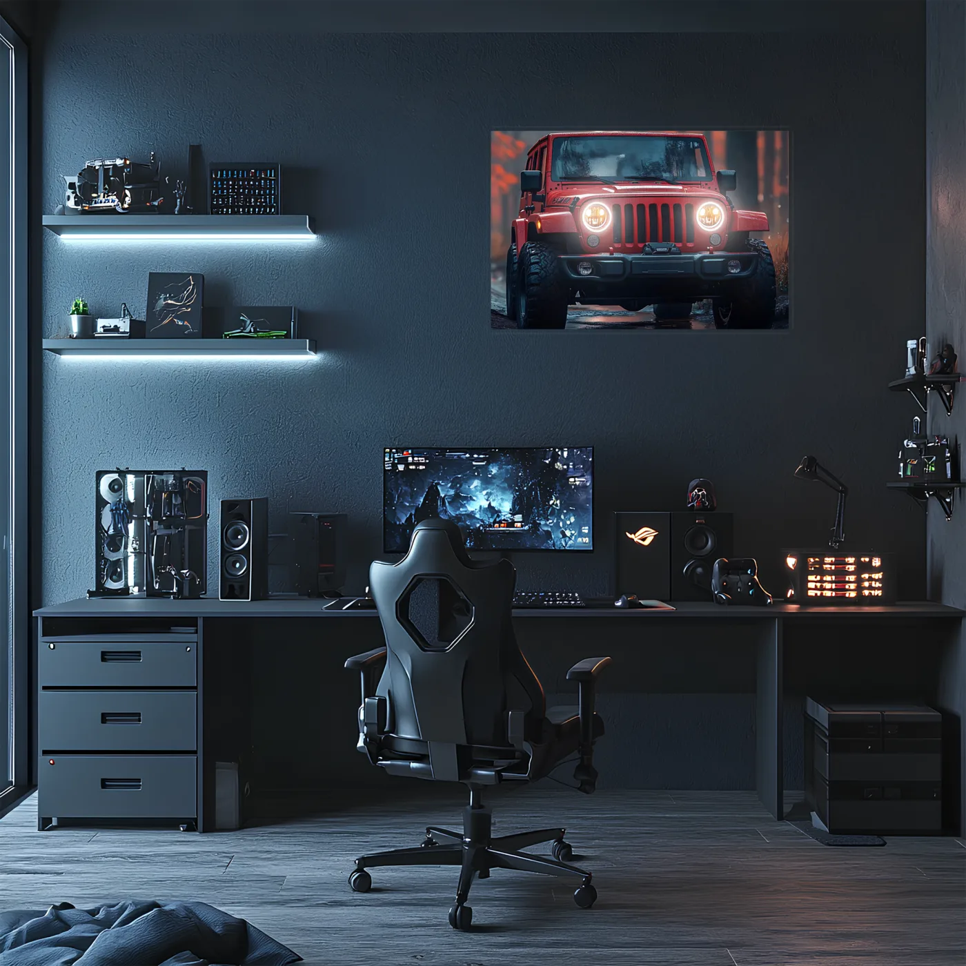 Kırmızı Jeep Tarzı UV Baskı Neon Duvar Dekoru | Pleksi Işıklı Araba Tablo | Gamer Room ve Ofis Dekoru — görsel 1