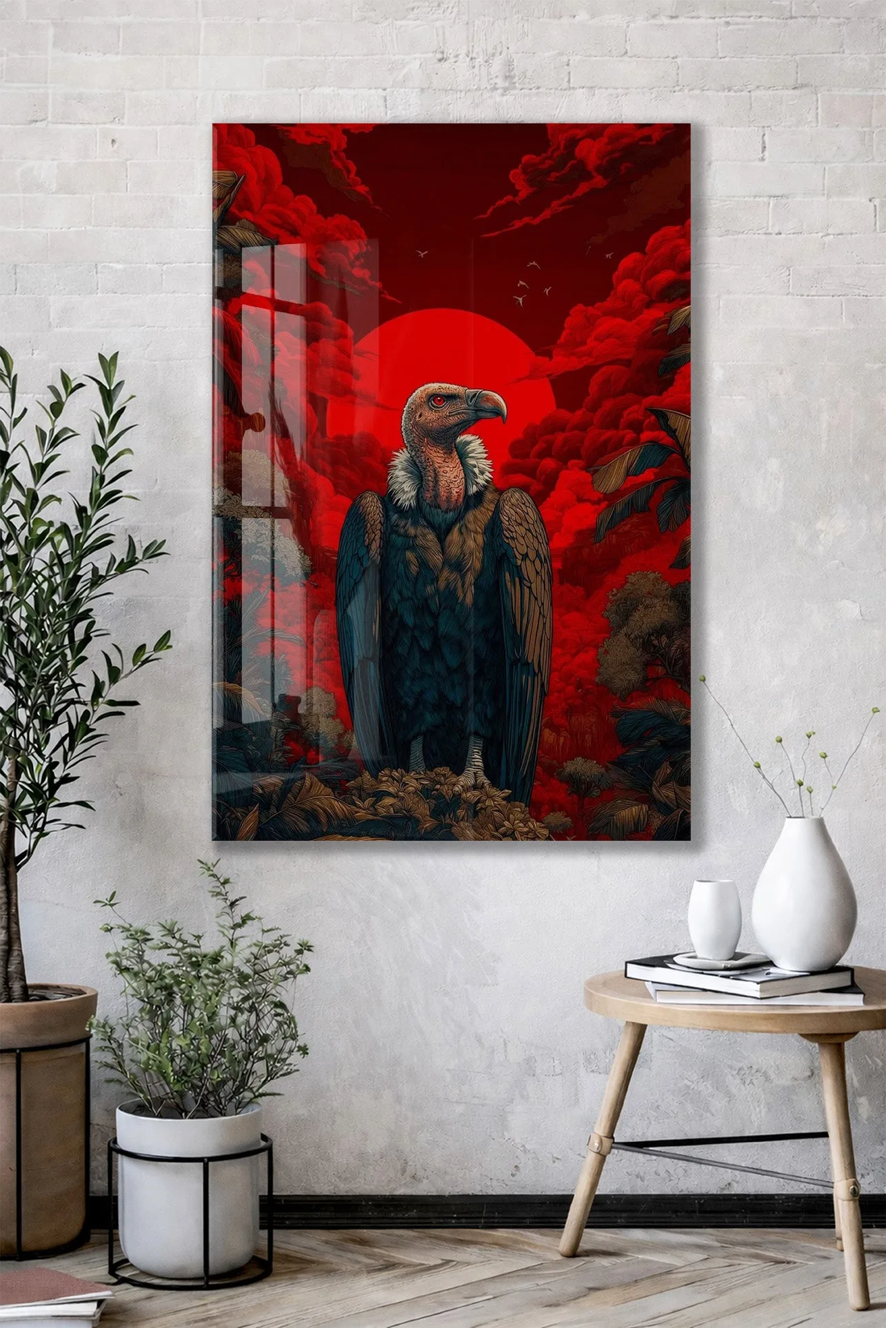 Kızıl Güneş Fonlu Akbaba Cam Tablo – Güç ve Hakimiyet Temalı Modern Duvar Dekoru - Peony079 — görsel 2