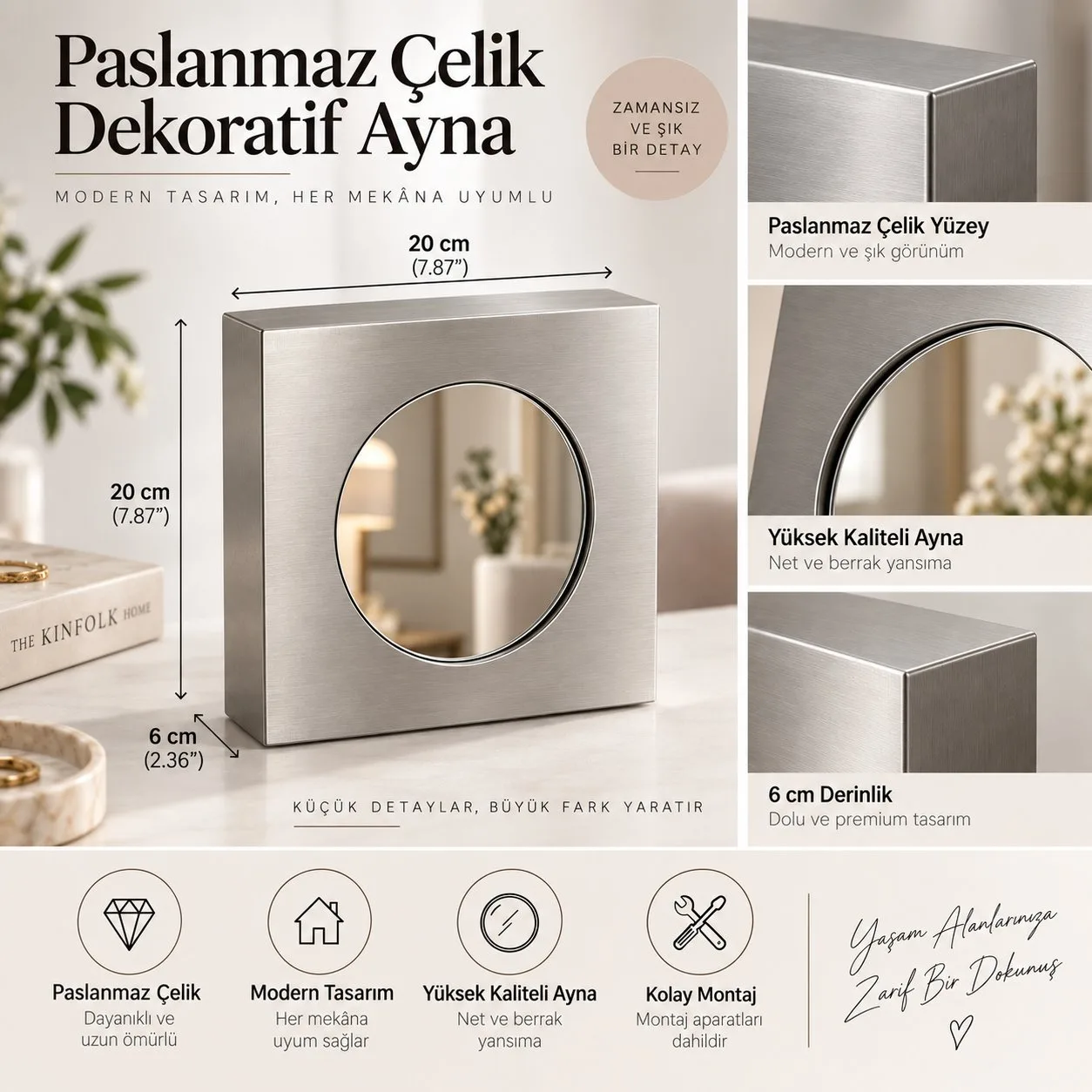 Lunera | Paslanmaz Çelik Dekoratif Ayna – 20x20 cm Modern Fırçalı Metal Çerçeveli Masaüstü ve Dekoratif Ayna — görsel 6