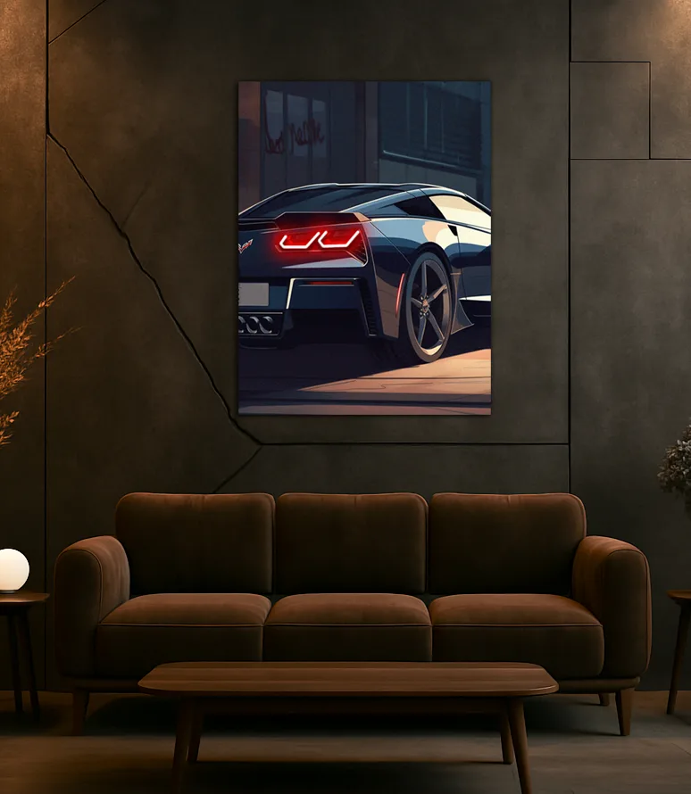 Siyah Corvette Tarzı UV Baskı Neon Duvar Dekoru | Pleksi Işıklı Süper Araba Tablo | Modern Ev ve Ofis Dekoru — görsel 1