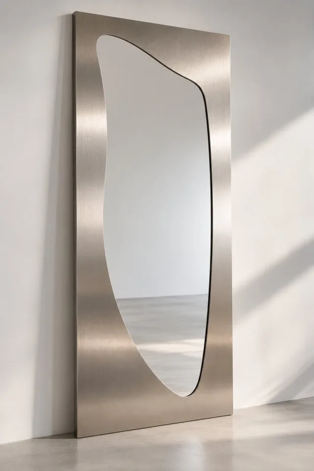 Vega | Paslanmaz Çelik Boy Aynası – 60x160 cm Fırçalı Çelik Çerçeveli Asimetrik Tam Boy Dekoratif Duvar Aynası 2 cm Apkant Modern Tasarım