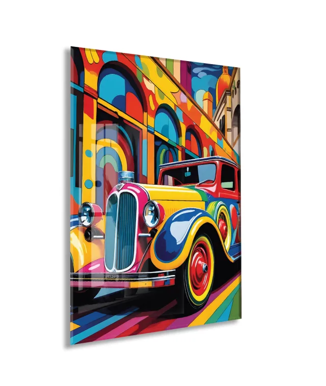 Renkli Klasik Araba Cam Tablo – Retro Otomobil Temalı Modern Pop Art, UV Baskılı Temperli Cam Duvar Tablosu - Peony036