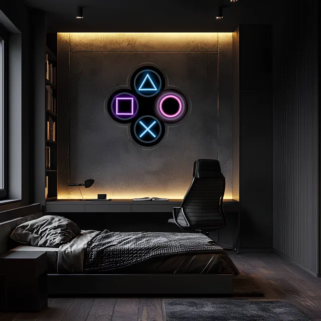 Gamer Neon Duvar Dekoru | RGB Oyun Konsolu Tuş Sembolleri LED Işıklı Pleksi Tablo | Oyun Odası Aydınlatması