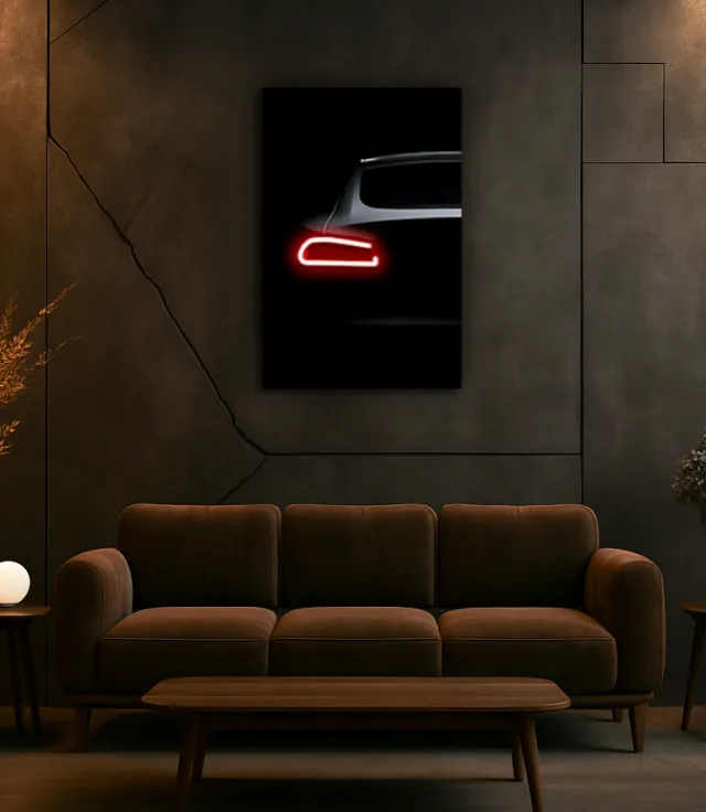 Minimalist Siyah Araba UV Baskı Neon Duvar Dekoru | Kırmızı Işıklı Pleksi Tablo | Modern Salon ve Ofis Duvar Sanatı
