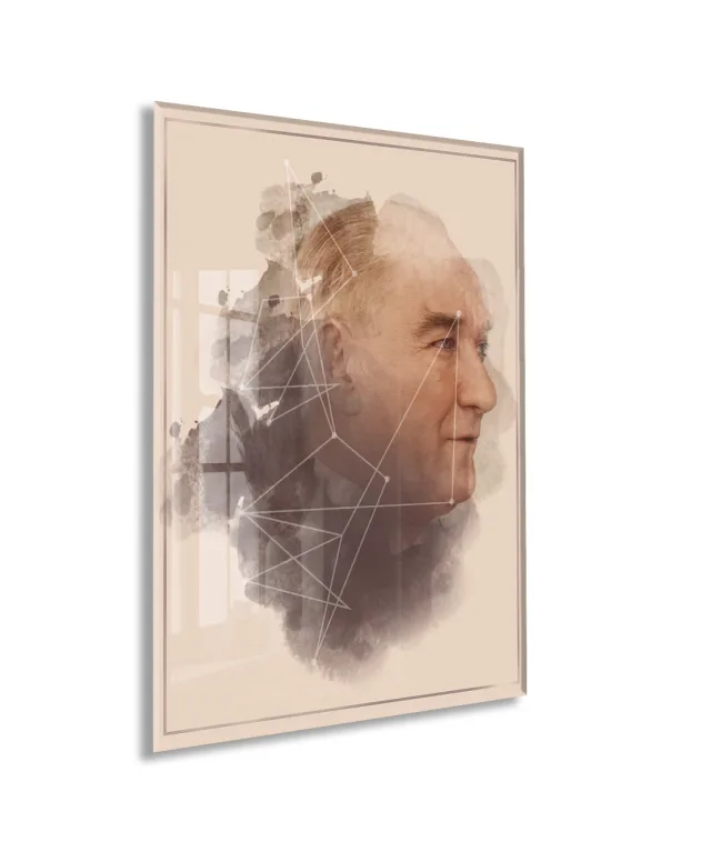 Modern Sanatsal Atatürk Profil Cam Tablo – Akıl ve Vizyonu Simgeleyen 4 mm Temperli Cam Duvar Dekoru -PeonyAta1011