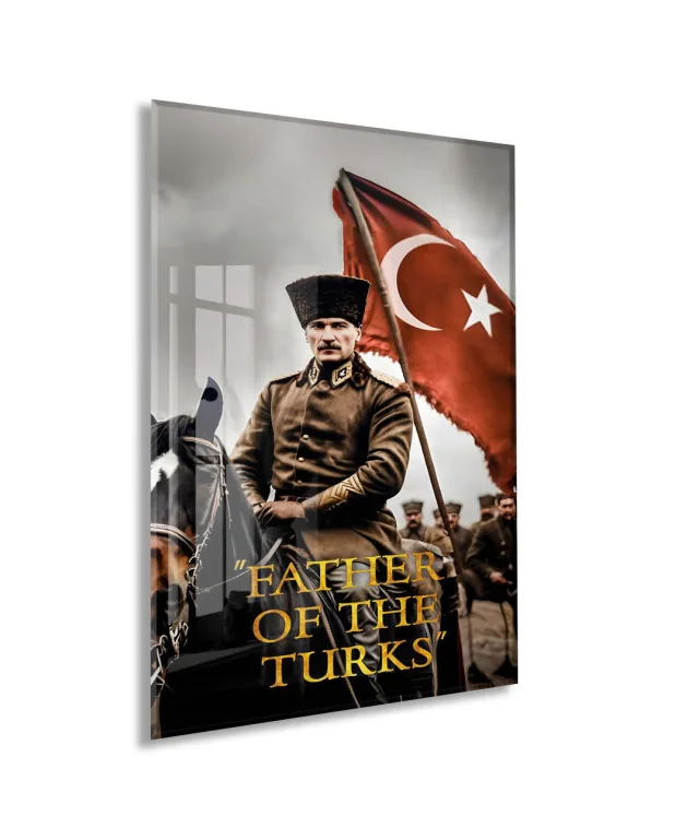 Father Of The Turks , Atatürk At Üzerinde Cam Tablo – Türk Bayraklı Başkomutan Portresi 4 mm Temperli Cam -PeonyAta061
